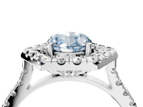 Platinum Hexagonal Halo Fancy Blue Oval Cut Diamond Pavé Band with Four-Prong Setting_16
