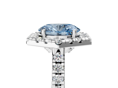 Platinum Hexagonal Halo Fancy Blue Oval Cut Diamond Pavé Band with Four-Prong Setting_17