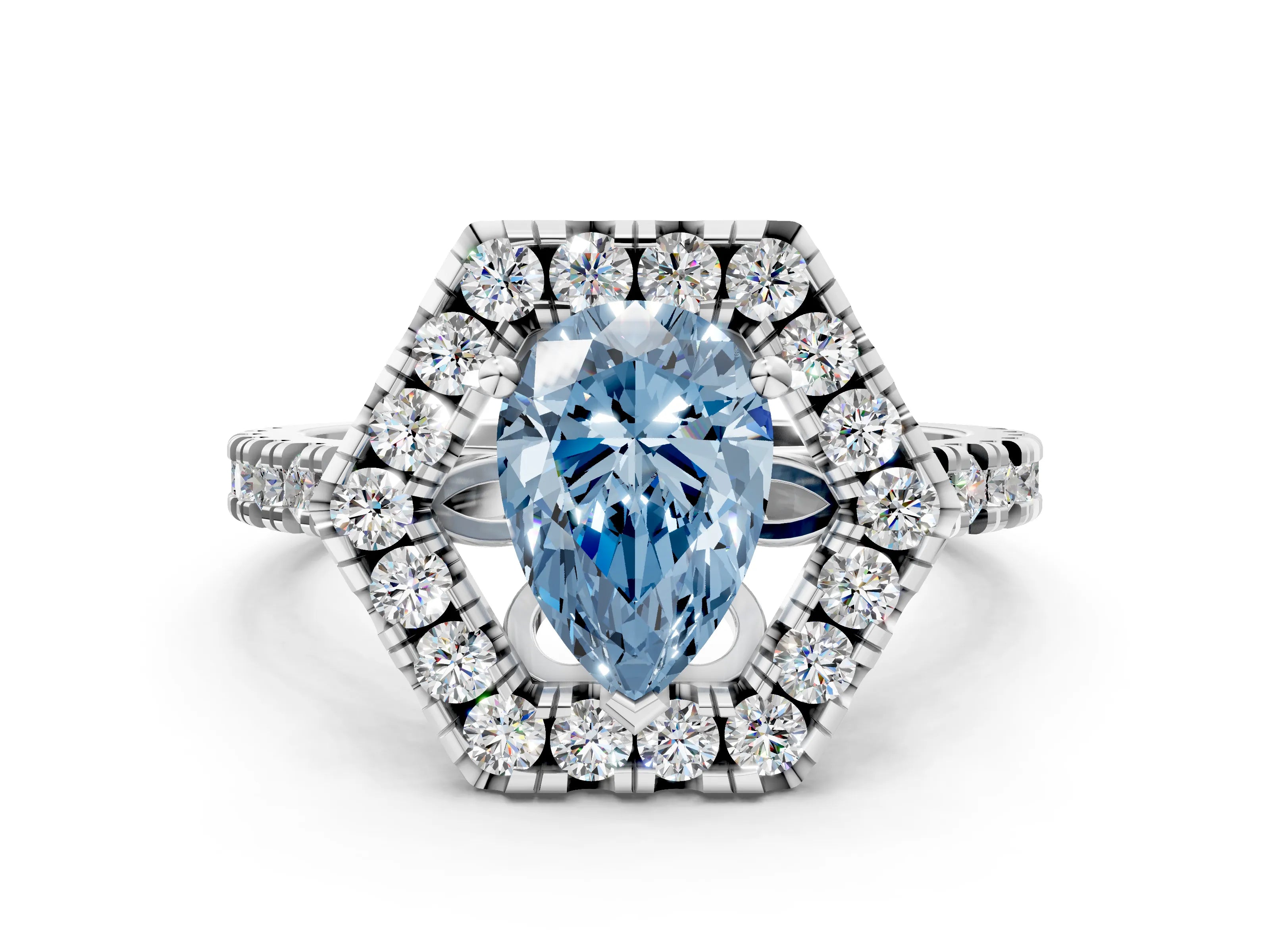Platinum Hexagonal Halo Fancy Blue Pear Cut Diamond Pavé Band with Four-Prong Setting_12