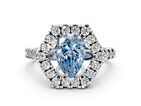 Platinum Hexagonal Halo Fancy Blue Pear Cut Diamond Pavé Band with Four-Prong Setting_12