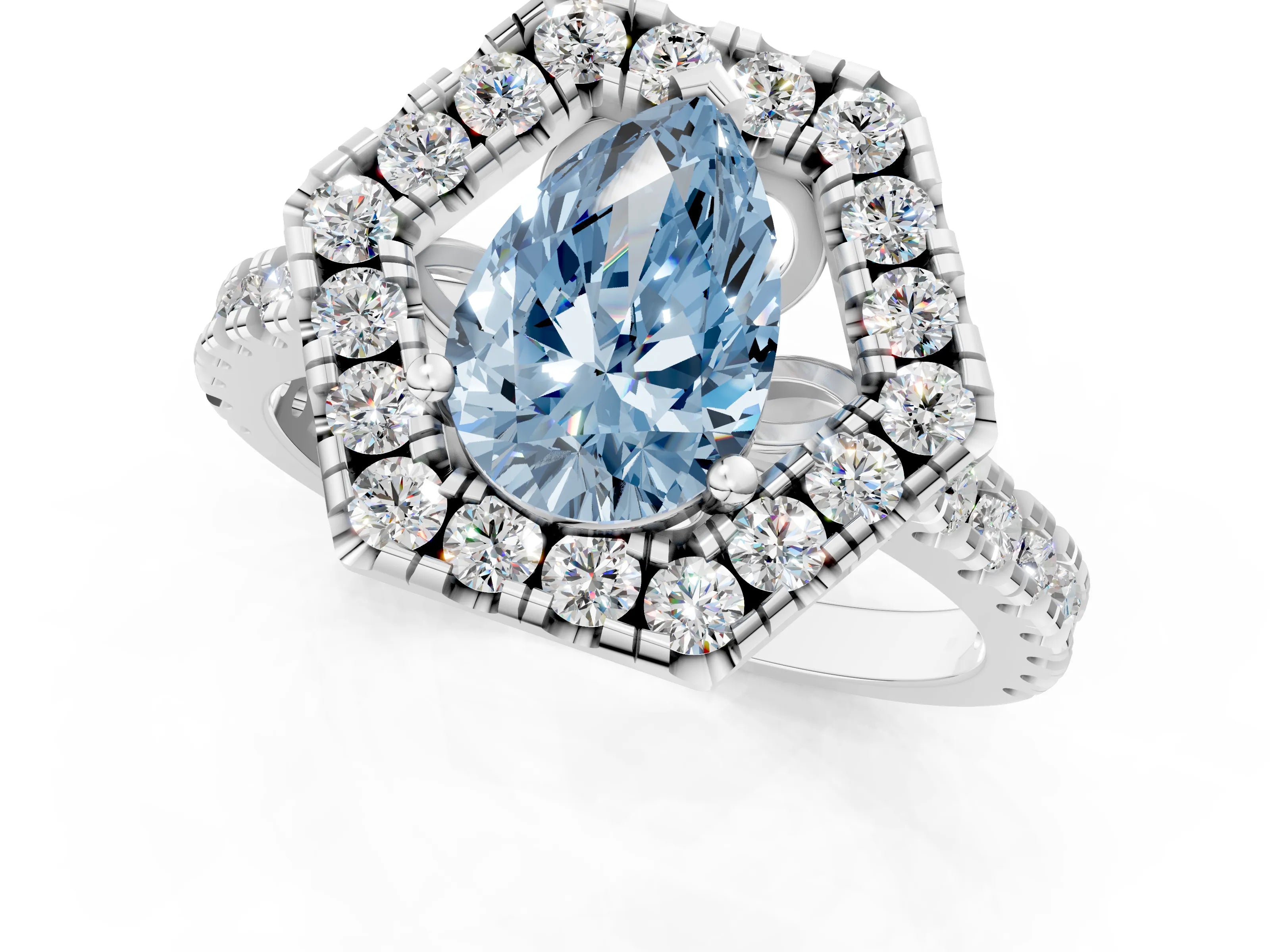 Platinum Hexagonal Halo Fancy Blue Pear Cut Diamond Pavé Band with Four-Prong Setting_13