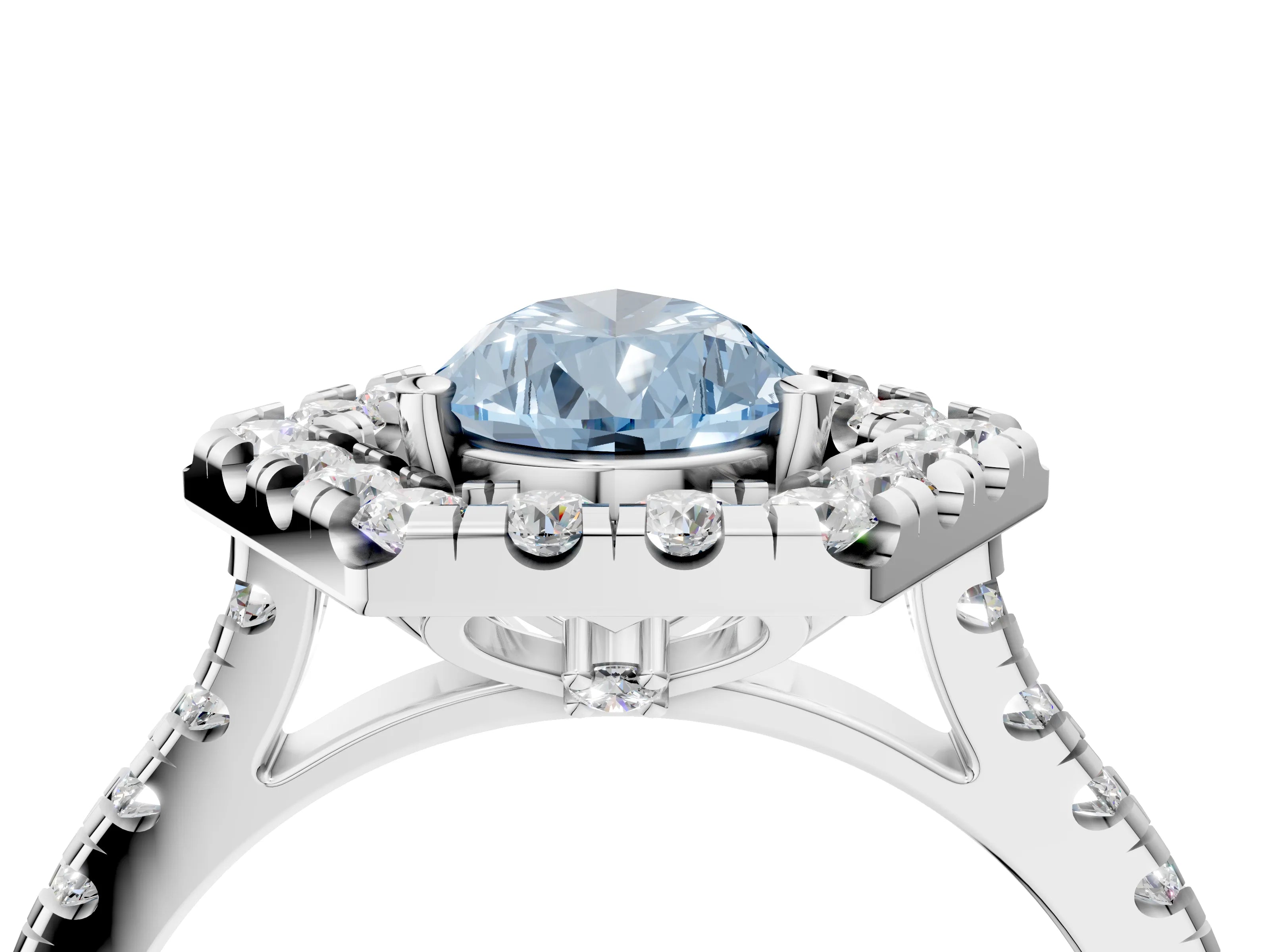 Platinum Hexagonal Halo Fancy Blue Pear Cut Diamond Pavé Band with Four-Prong Setting_16