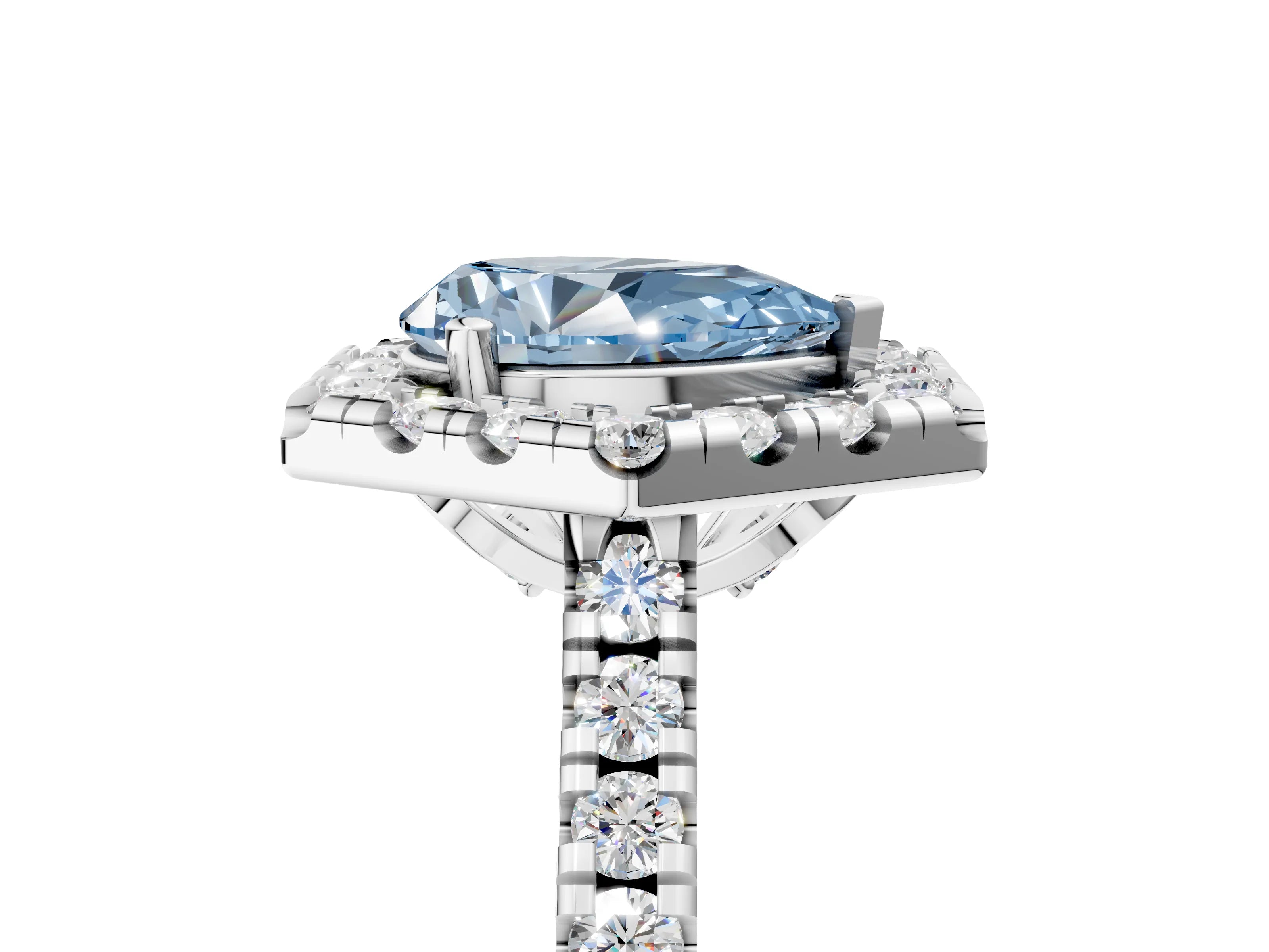 Platinum Hexagonal Halo Fancy Blue Pear Cut Diamond Pavé Band with Four-Prong Setting_17
