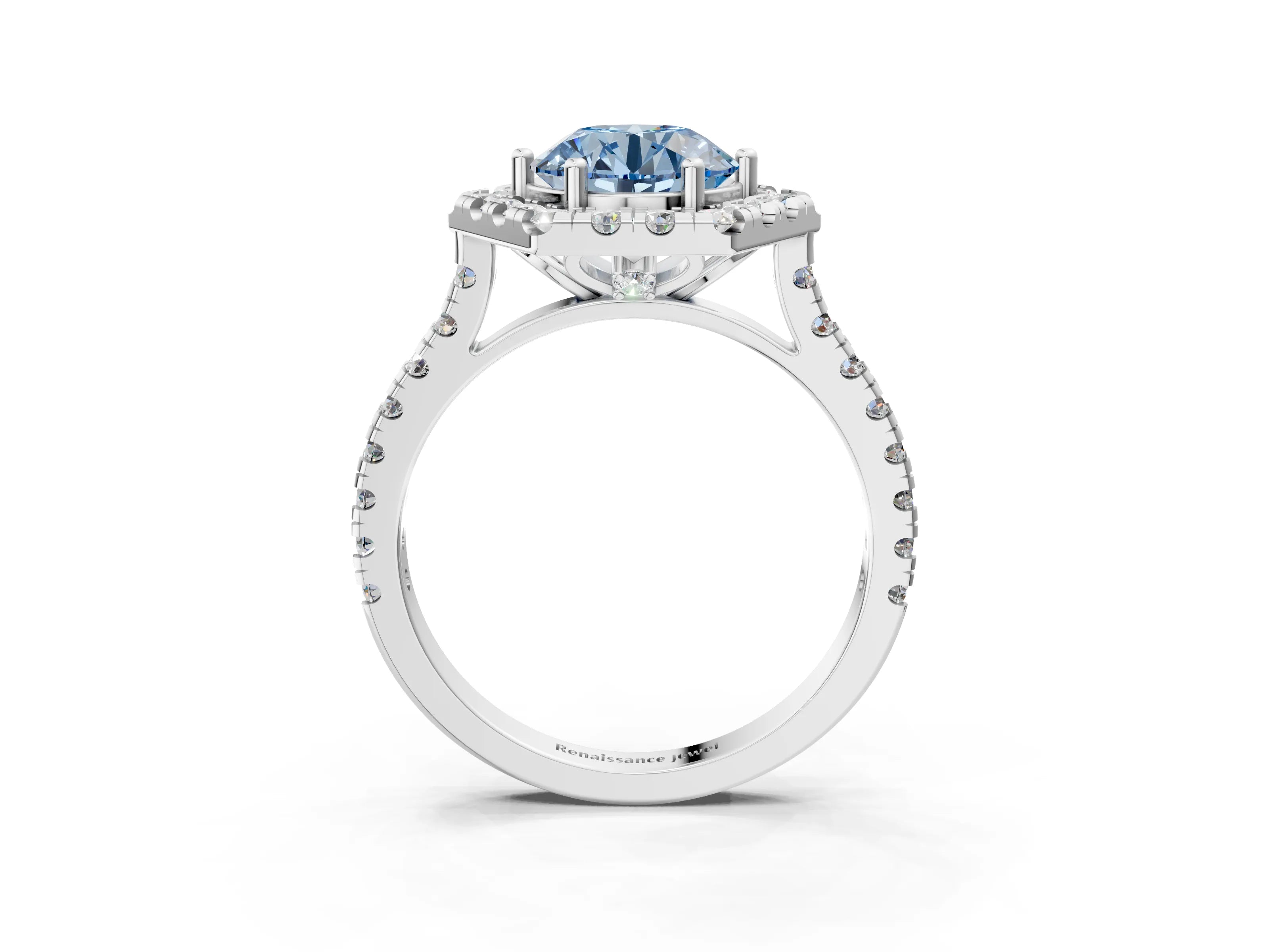 Platinum Hexagonal Halo Fancy Blue Round Cut Diamond Pavé Band with Four-Prong Setting_9