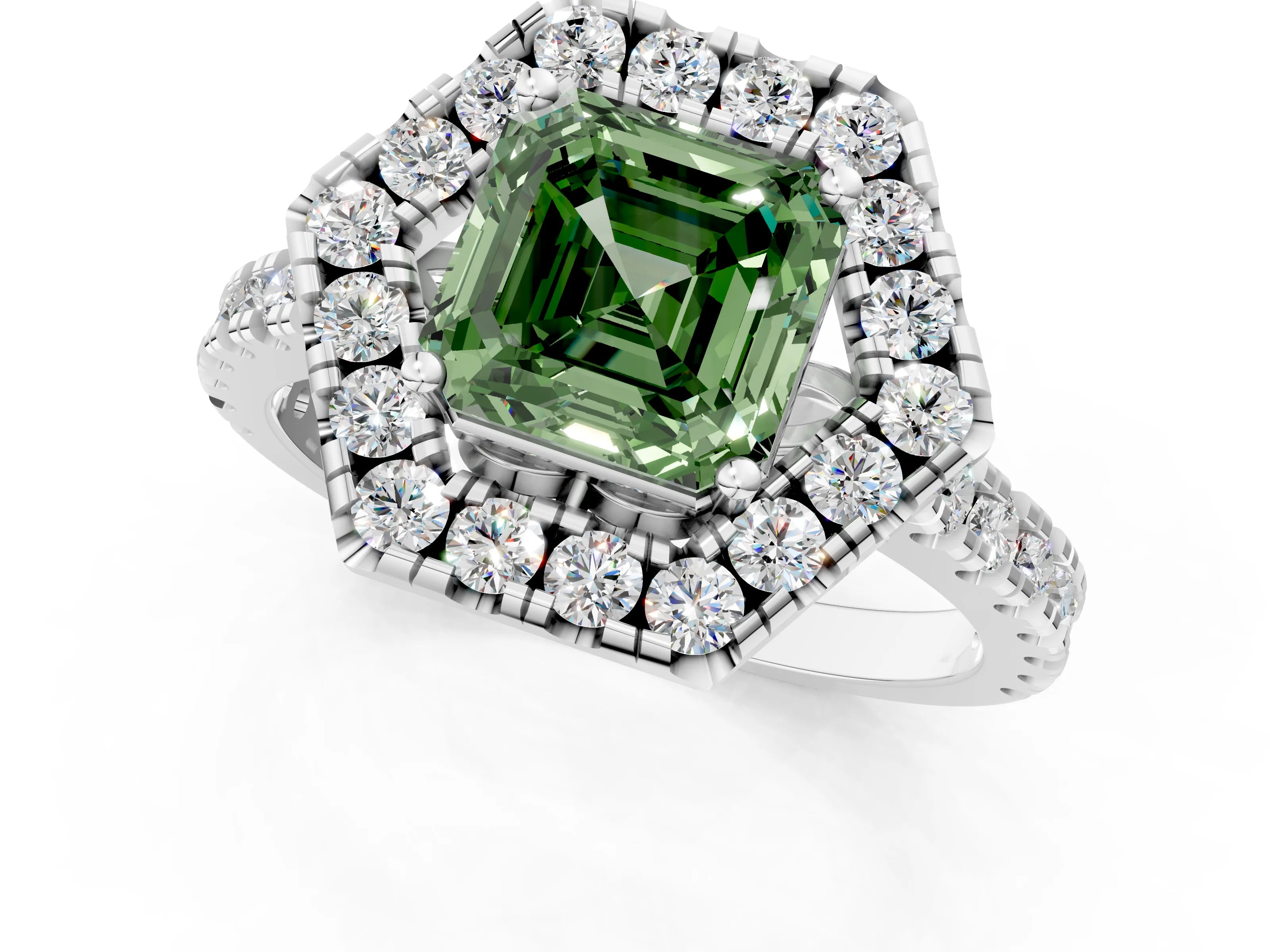 Platinum Hexagonal Halo Fancy Green Asscher Cut Diamond Pavé Band with Four-Prong Setting_13