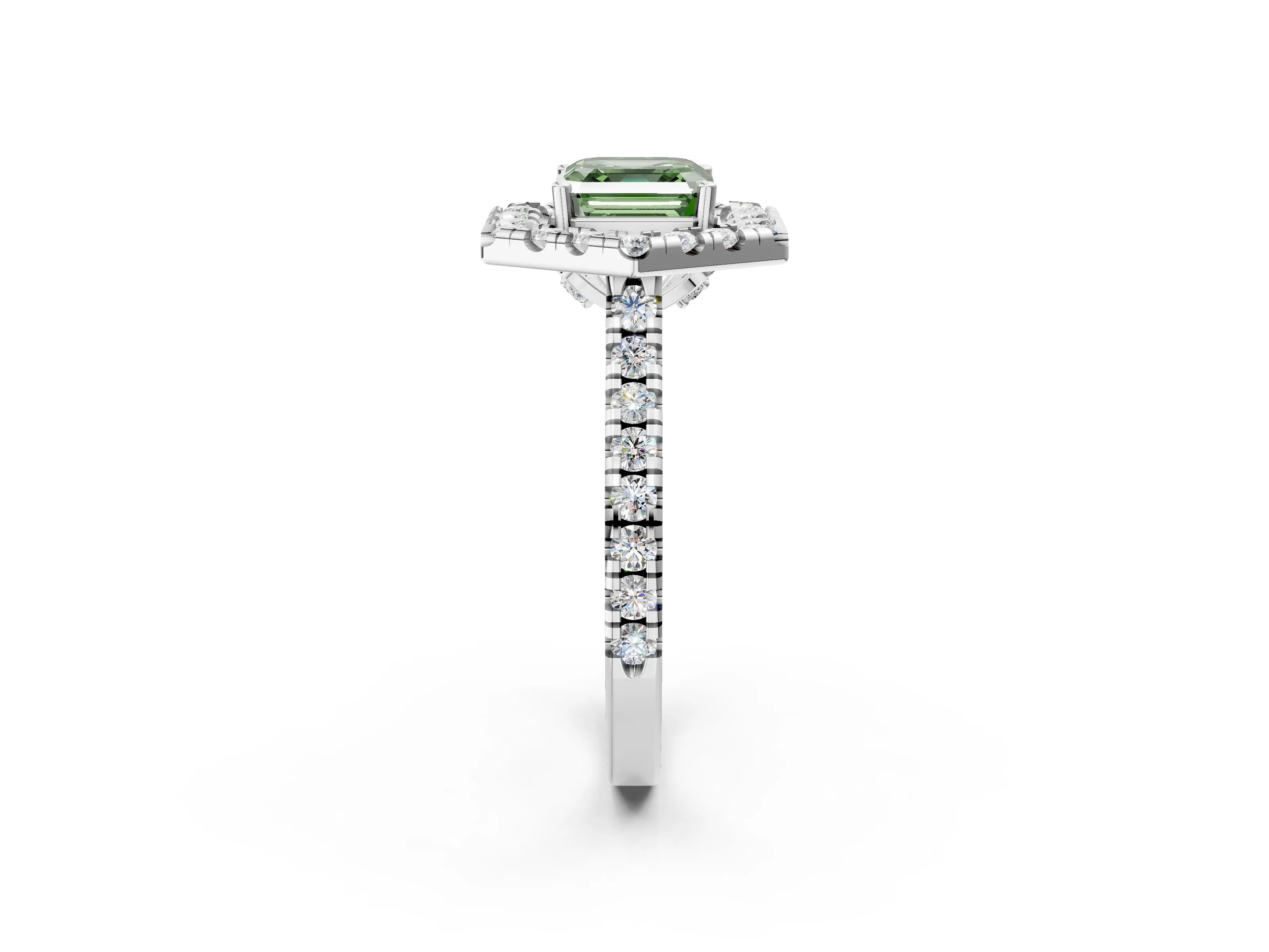 Platinum Hexagonal Halo Fancy Green Asscher Cut Diamond Pavé Band with Four-Prong Setting_14