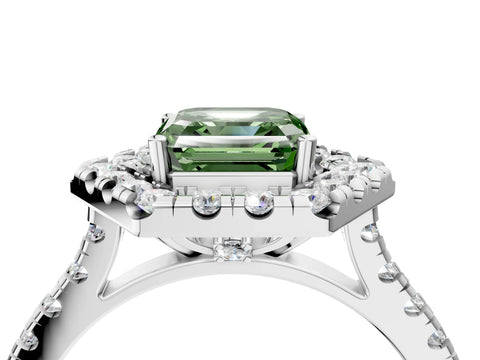Platinum Hexagonal Halo Fancy Green Asscher Cut Diamond Pavé Band with Four-Prong Setting_16
