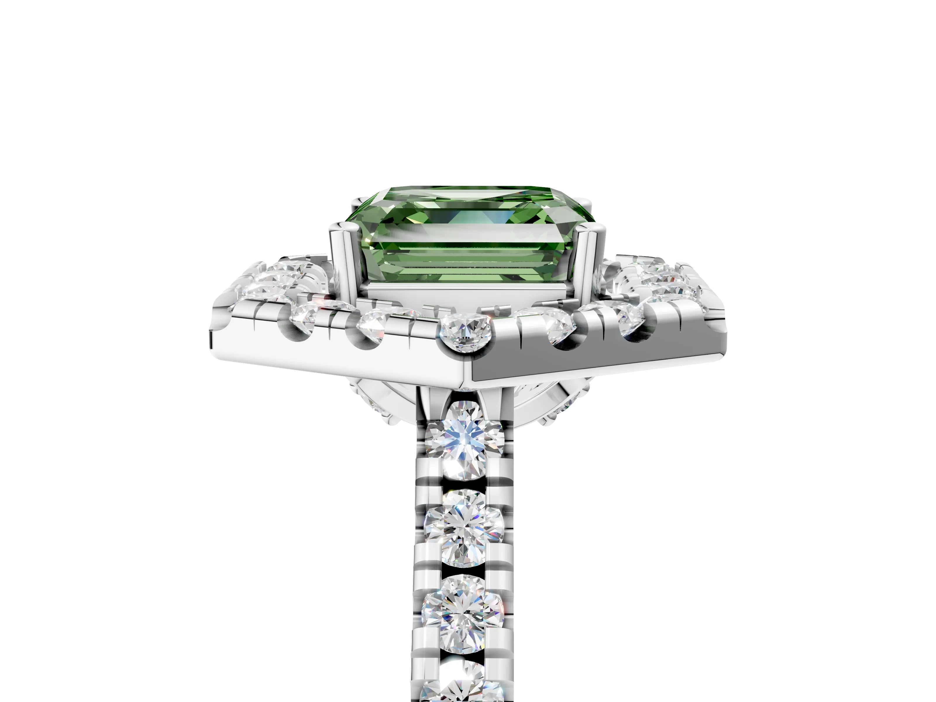 Platinum Hexagonal Halo Fancy Green Asscher Cut Diamond Pavé Band with Four-Prong Setting_17