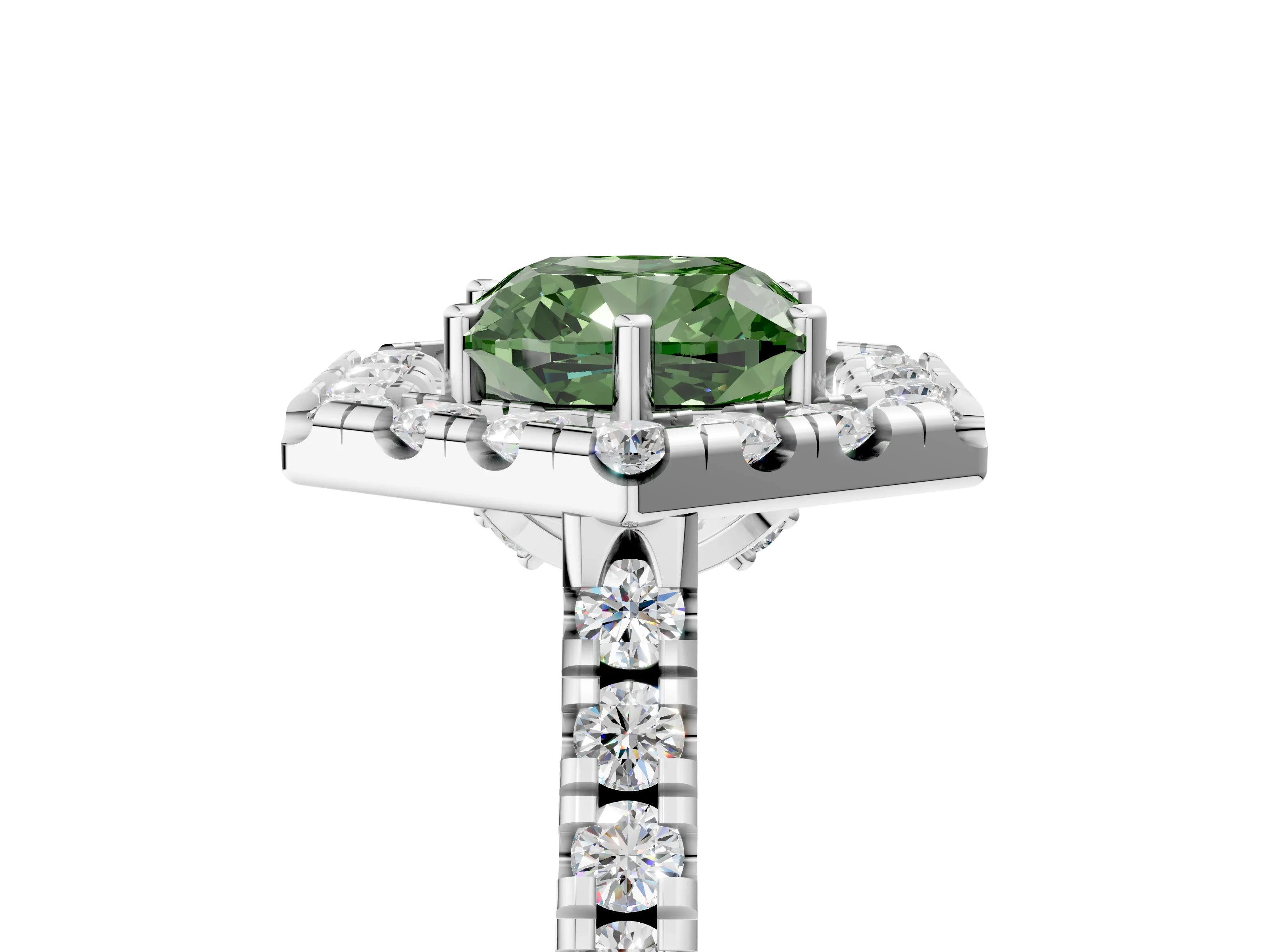 Platinum Hexagonal Halo Fancy Green Cushion Cut Diamond Pavé Band with Four-Prong Setting_11