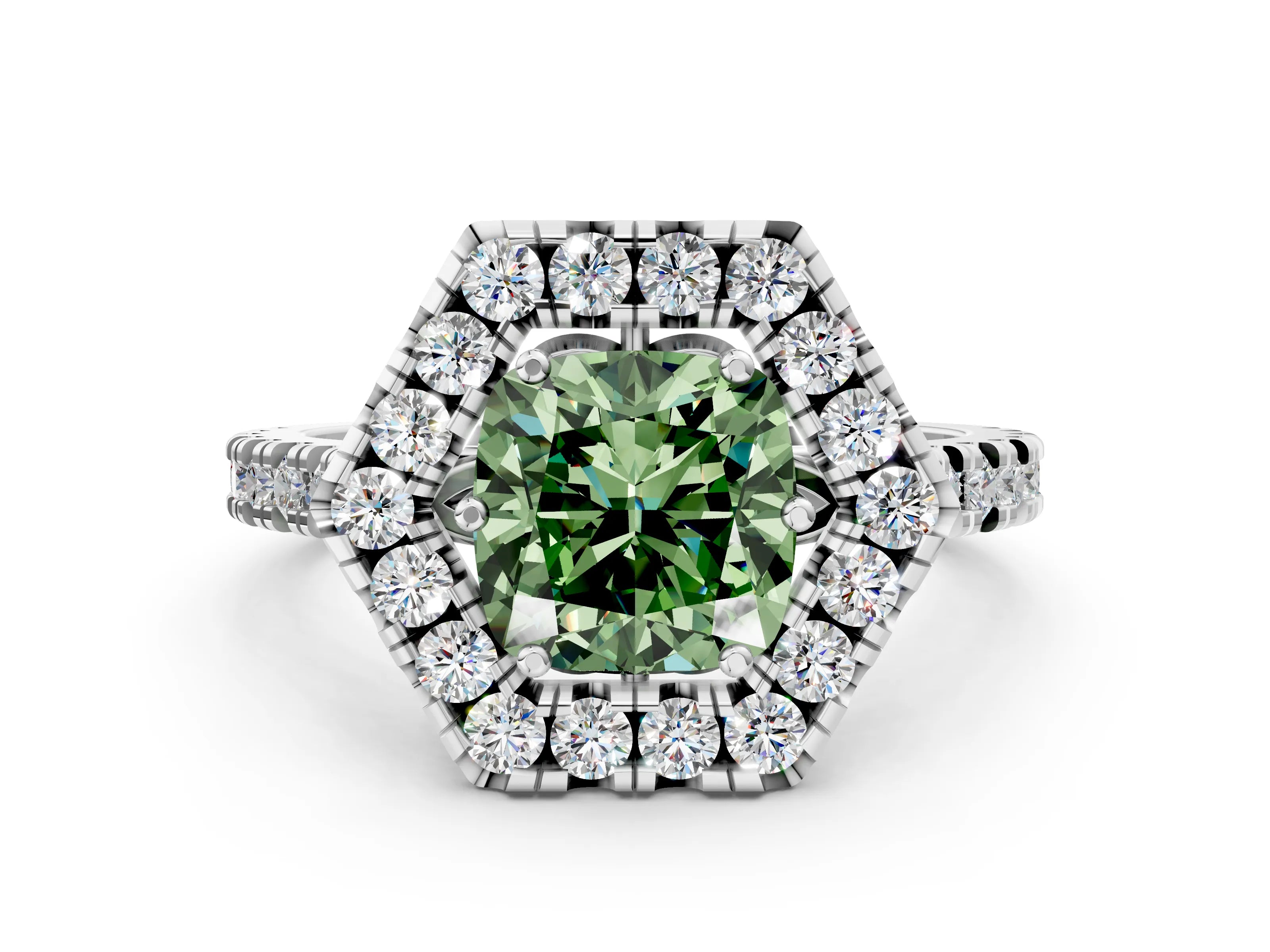 Platinum Hexagonal Halo Fancy Green Cushion Cut Diamond Pavé Band with Four-Prong Setting_6