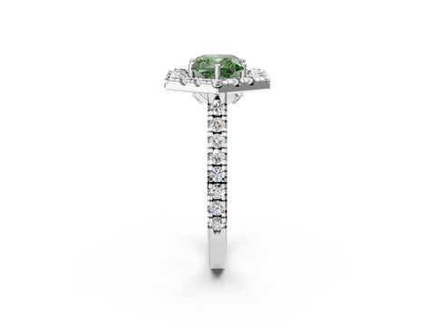 Platinum Hexagonal Halo Fancy Green Cushion Cut Diamond Pavé Band with Four-Prong Setting_8