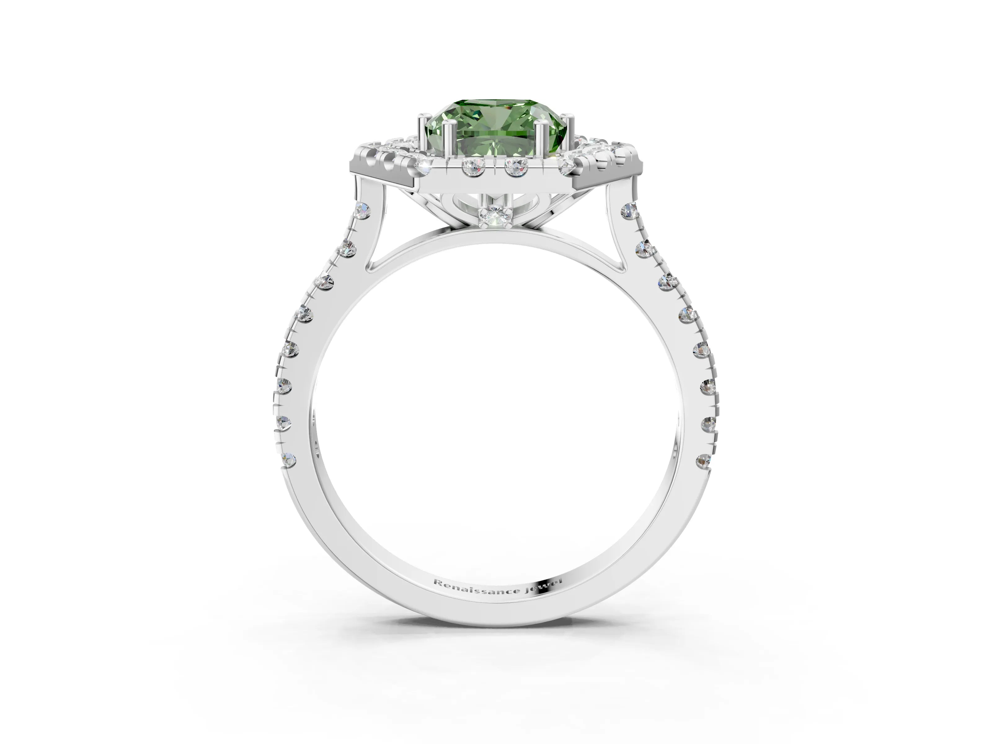 Platinum Hexagonal Halo Fancy Green Cushion Cut Diamond Pavé Band with Four-Prong Setting_9
