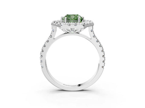 Platinum Hexagonal Halo Fancy Green Cushion Cut Diamond Pavé Band with Four-Prong Setting_9
