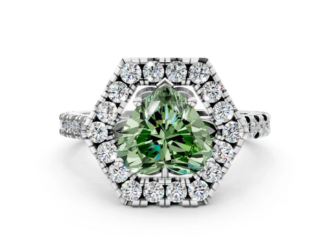 Platinum Hexagonal Halo Fancy Green Heart Cut Diamond Pavé Band with Four-Prong Setting_12