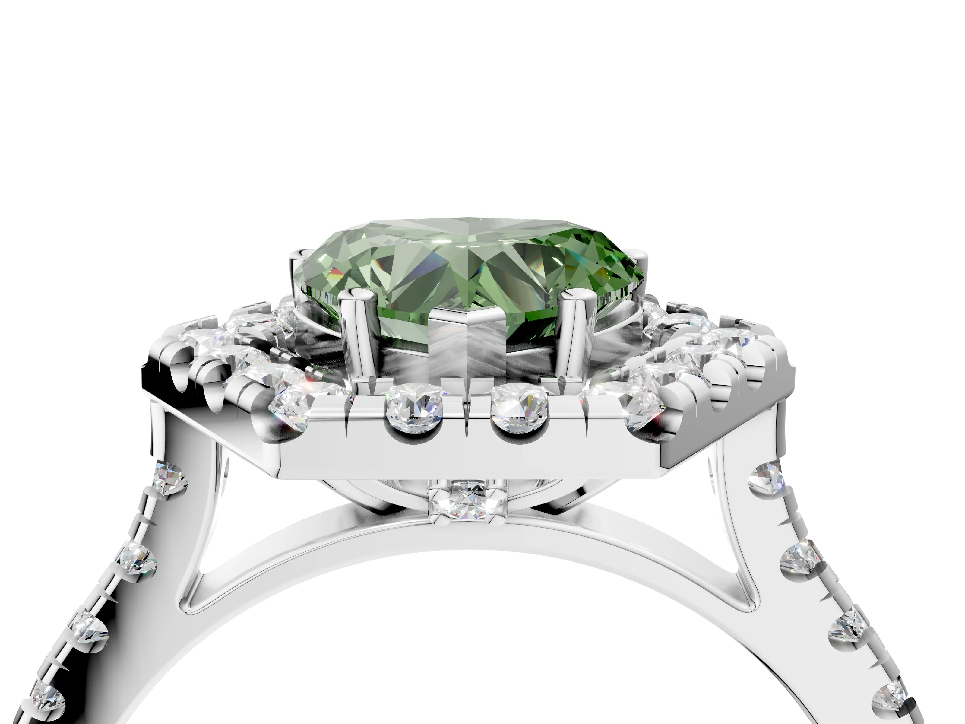 Platinum Hexagonal Halo Fancy Green Heart Cut Diamond Pavé Band with Four-Prong Setting_16