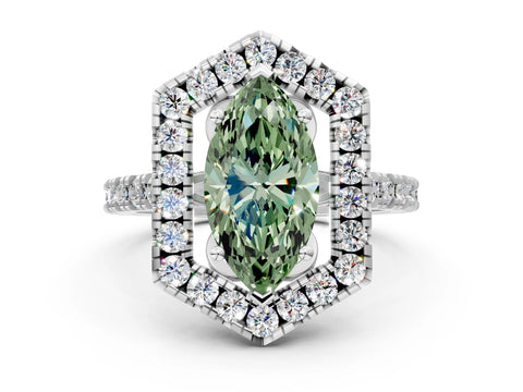 Platinum Hexagonal Halo Fancy Green Marquise Cut Diamond Pavé Band with Four-Prong Setting_36