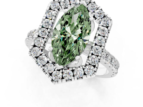 Platinum Hexagonal Halo Fancy Green Marquise Cut Diamond Pavé Band with Four-Prong Setting_37