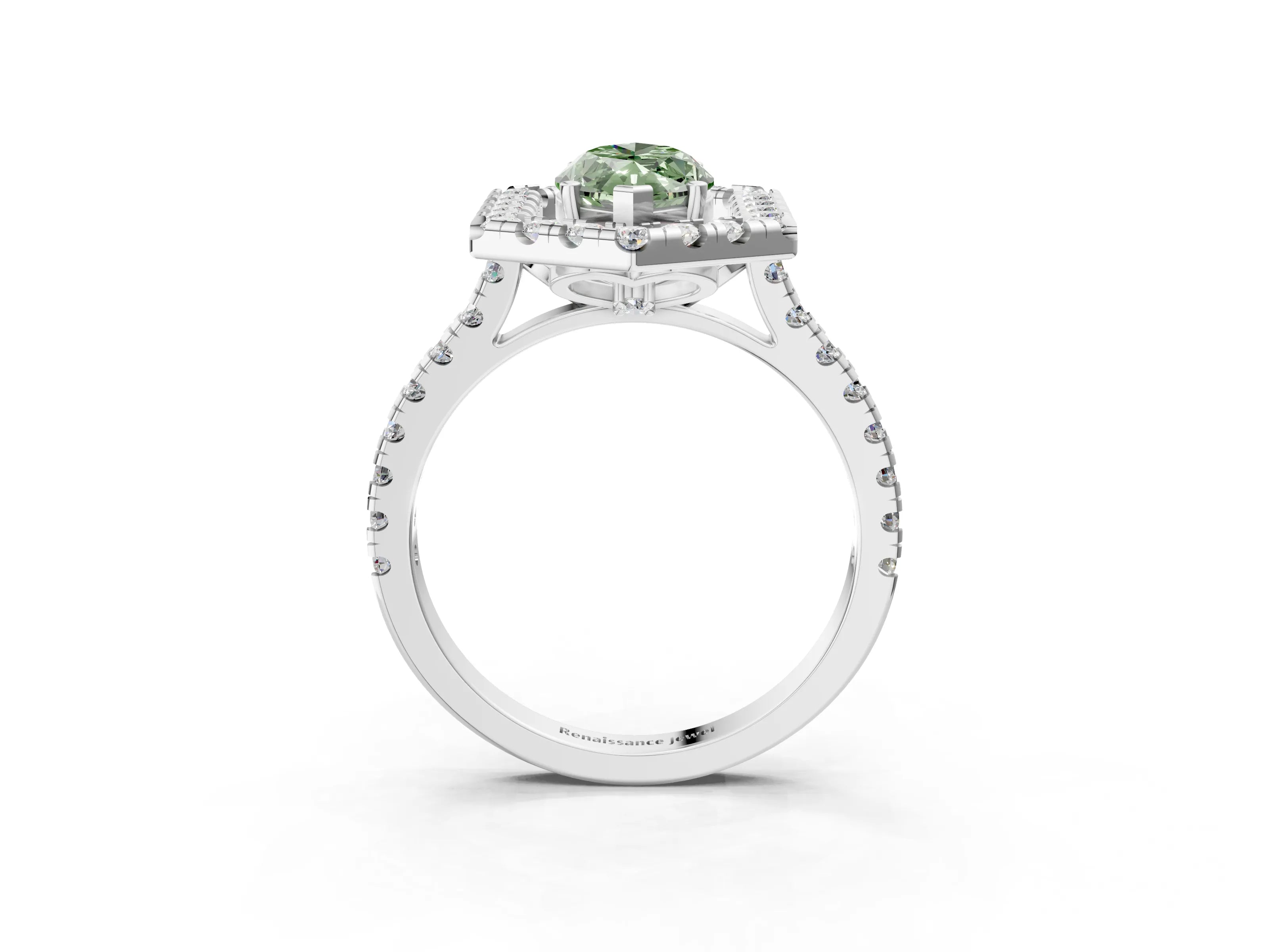 Platinum Hexagonal Halo Fancy Green Marquise Cut Diamond Pavé Band with Four-Prong Setting_39