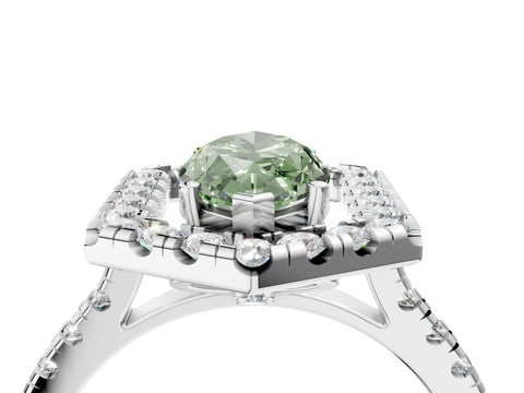 Platinum Hexagonal Halo Fancy Green Marquise Cut Diamond Pavé Band with Four-Prong Setting_40