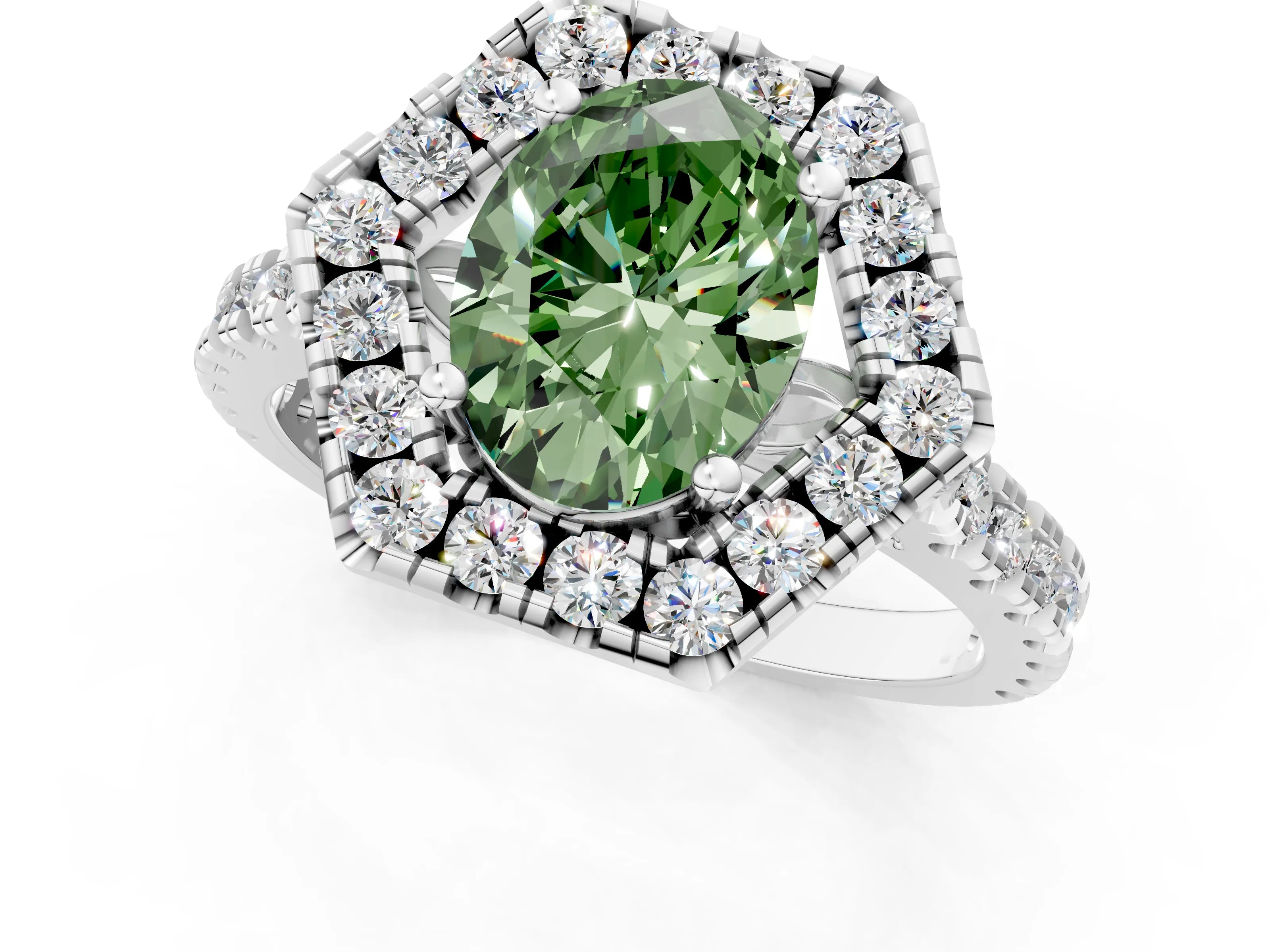 Platinum Hexagonal Halo Fancy Green Oval Cut Diamond Pavé Band with Four-Prong Setting_13