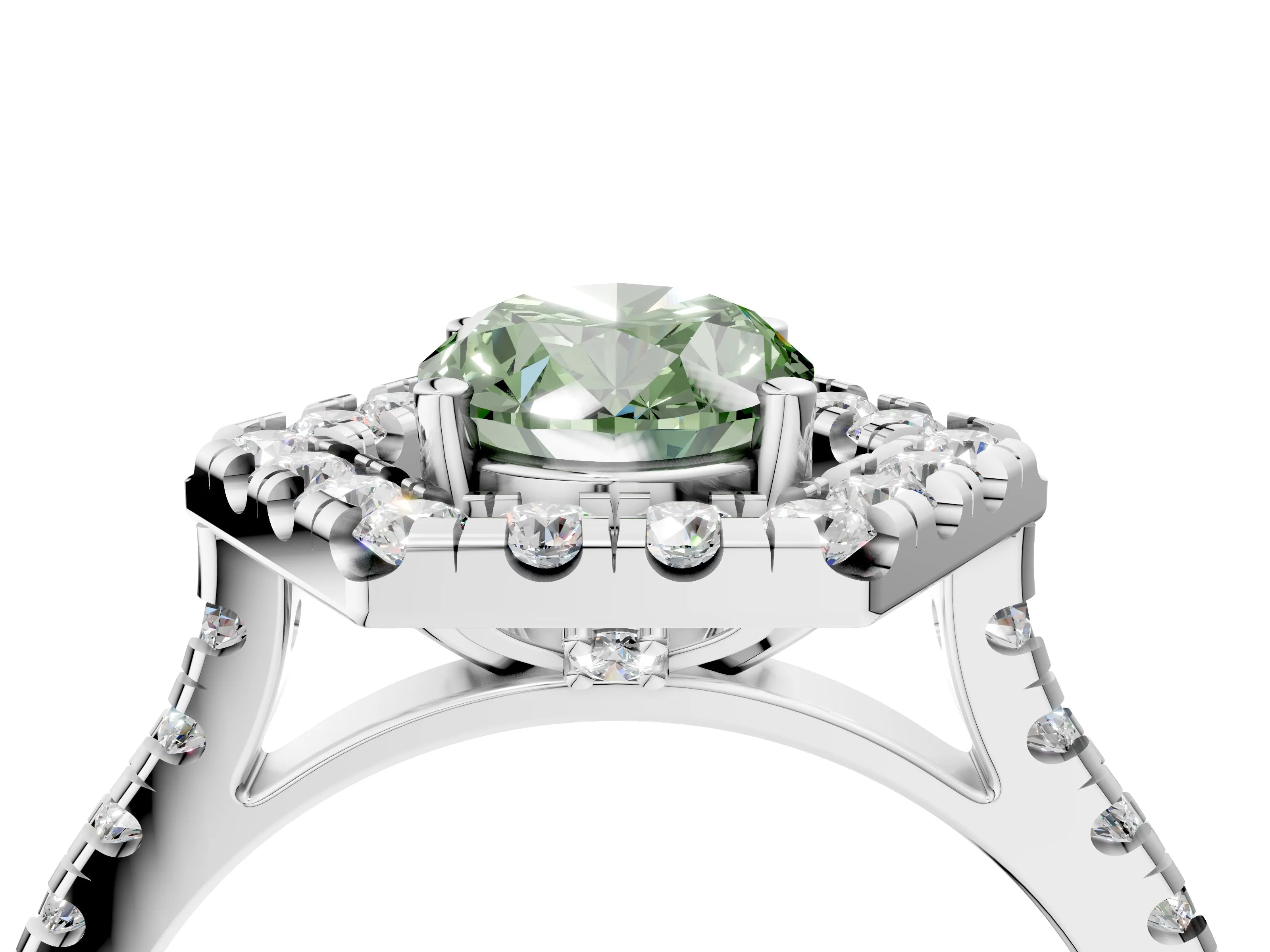 Platinum Hexagonal Halo Fancy Green Oval Cut Diamond Pavé Band with Four-Prong Setting_16