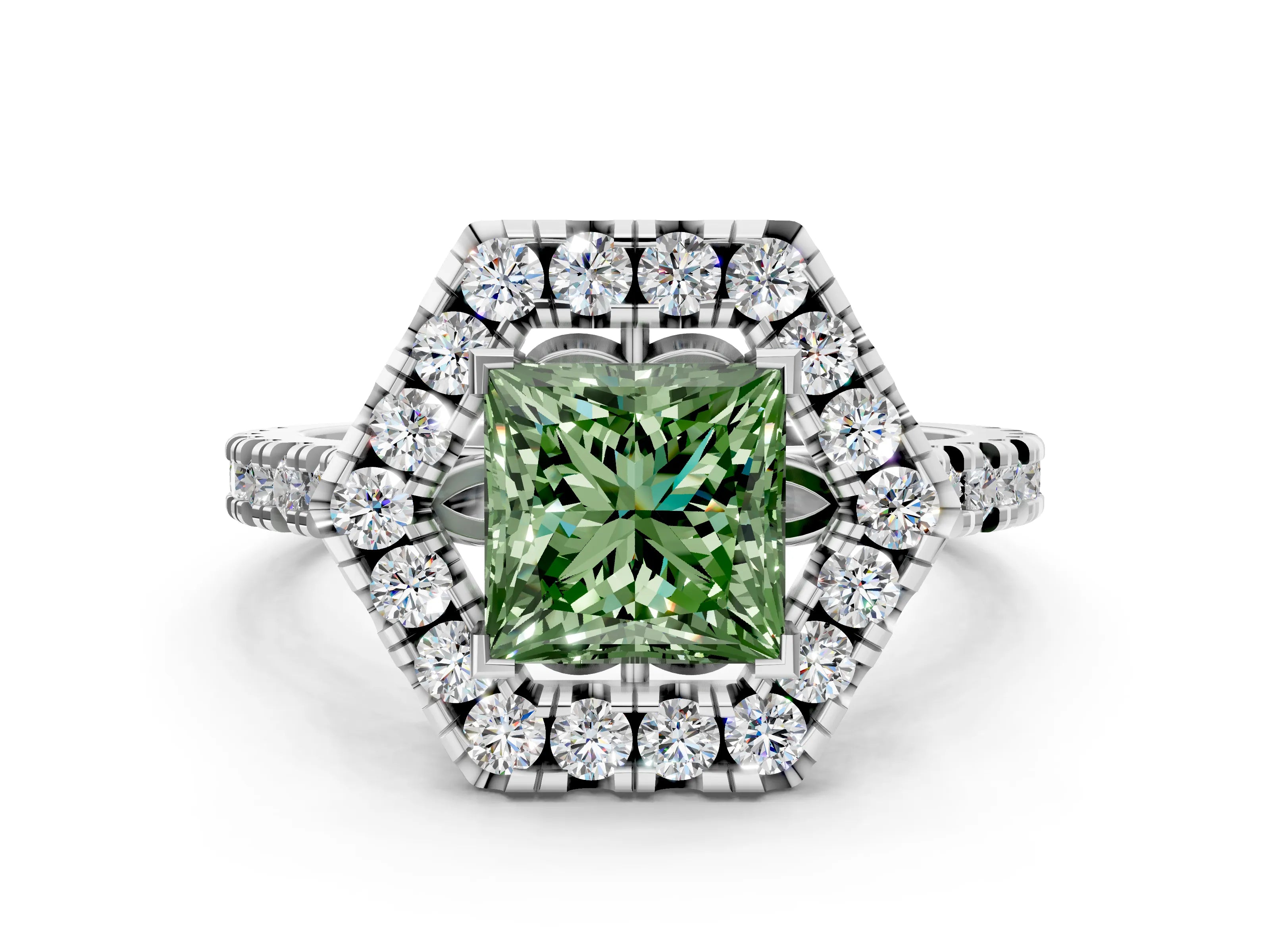 Platinum Hexagonal Halo Fancy Green Princess Cut Diamond Pavé Band with Four-Prong Setting_12