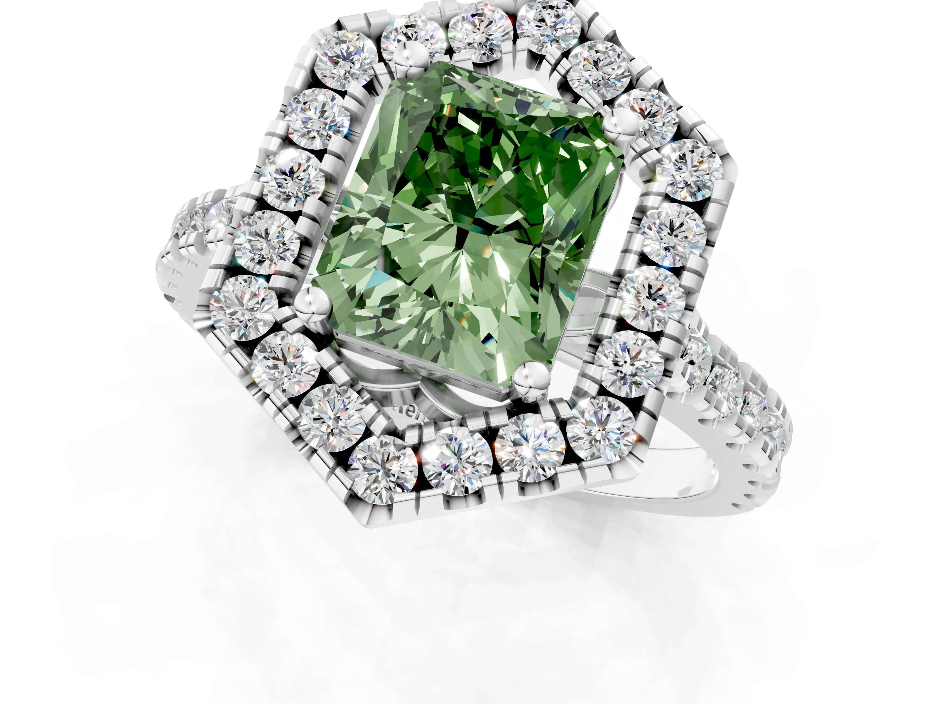 Platinum Hexagonal Halo Fancy Green Radiant Cut Diamond Pavé Band with Four-Prong Setting_7