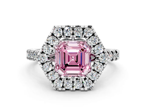 Platinum Hexagonal Halo Fancy Pink Asscher Cut Diamond Pavé Band with Four-Prong Setting_12