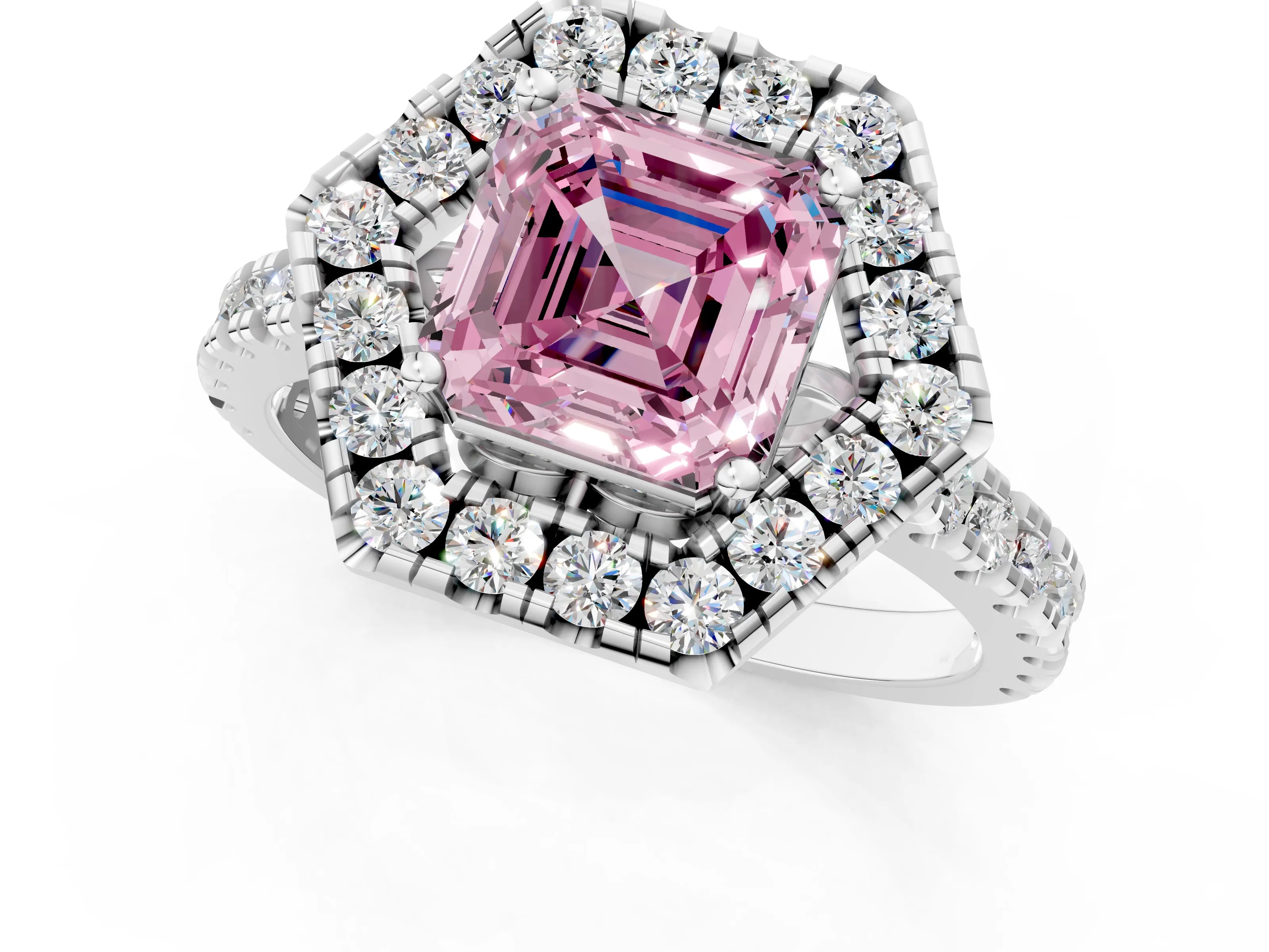 Platinum Hexagonal Halo Fancy Pink Asscher Cut Diamond Pavé Band with Four-Prong Setting_13