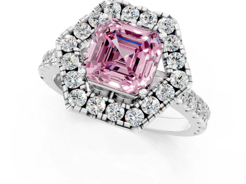 Platinum Hexagonal Halo Fancy Pink Asscher Cut Diamond Pavé Band with Four-Prong Setting_13