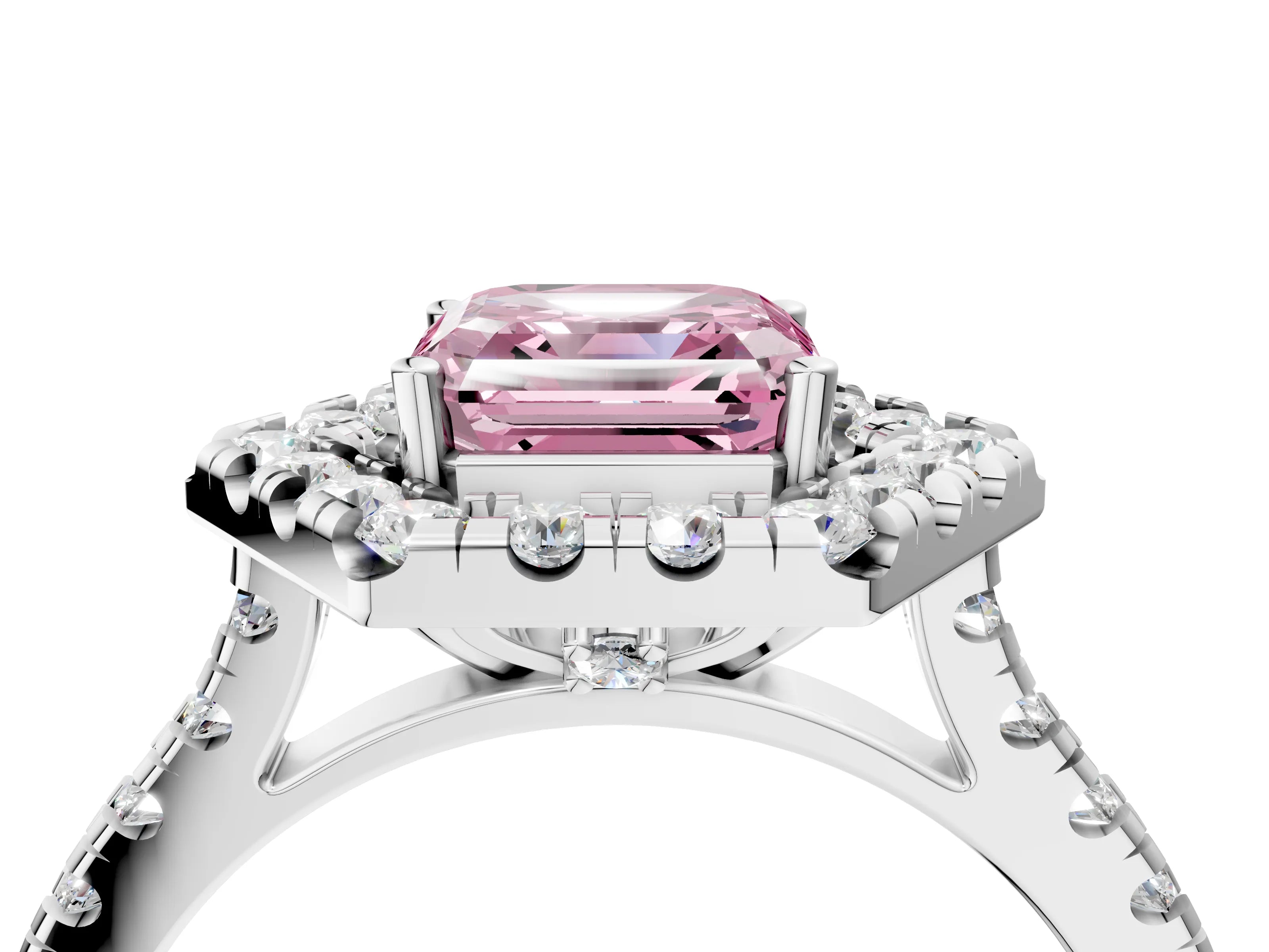 Platinum Hexagonal Halo Fancy Pink Asscher Cut Diamond Pavé Band with Four-Prong Setting_16