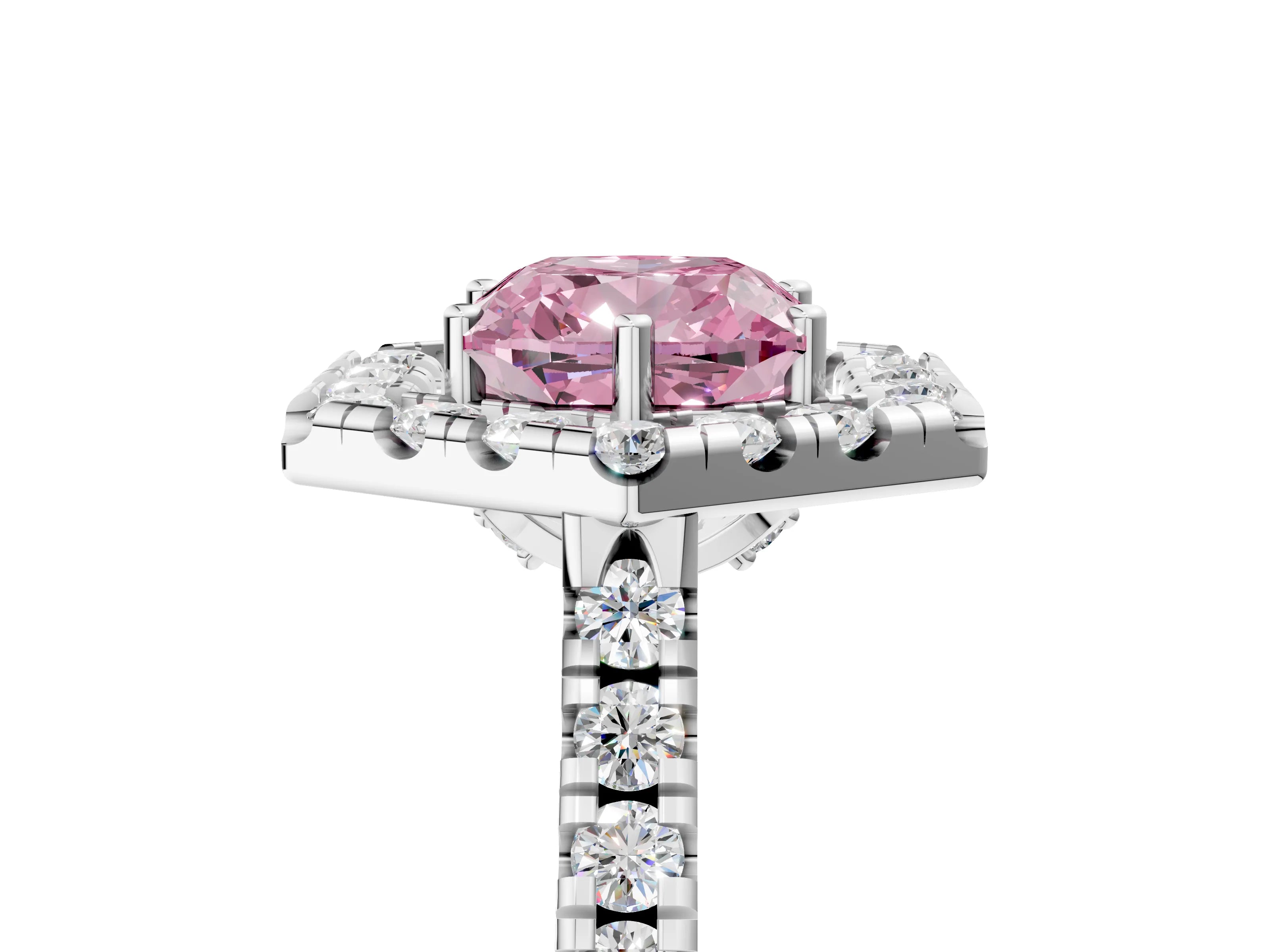 Platinum Hexagonal Halo Fancy Pink Cushion Cut Diamond Pavé Band with Four-Prong Setting_17