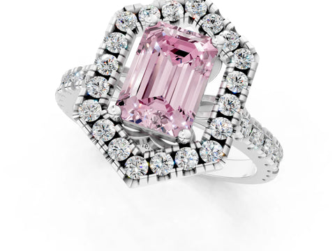 Platinum Hexagonal Halo Fancy Pink Emerald Cut Diamond Pavé Band with Four-Prong Setting_37