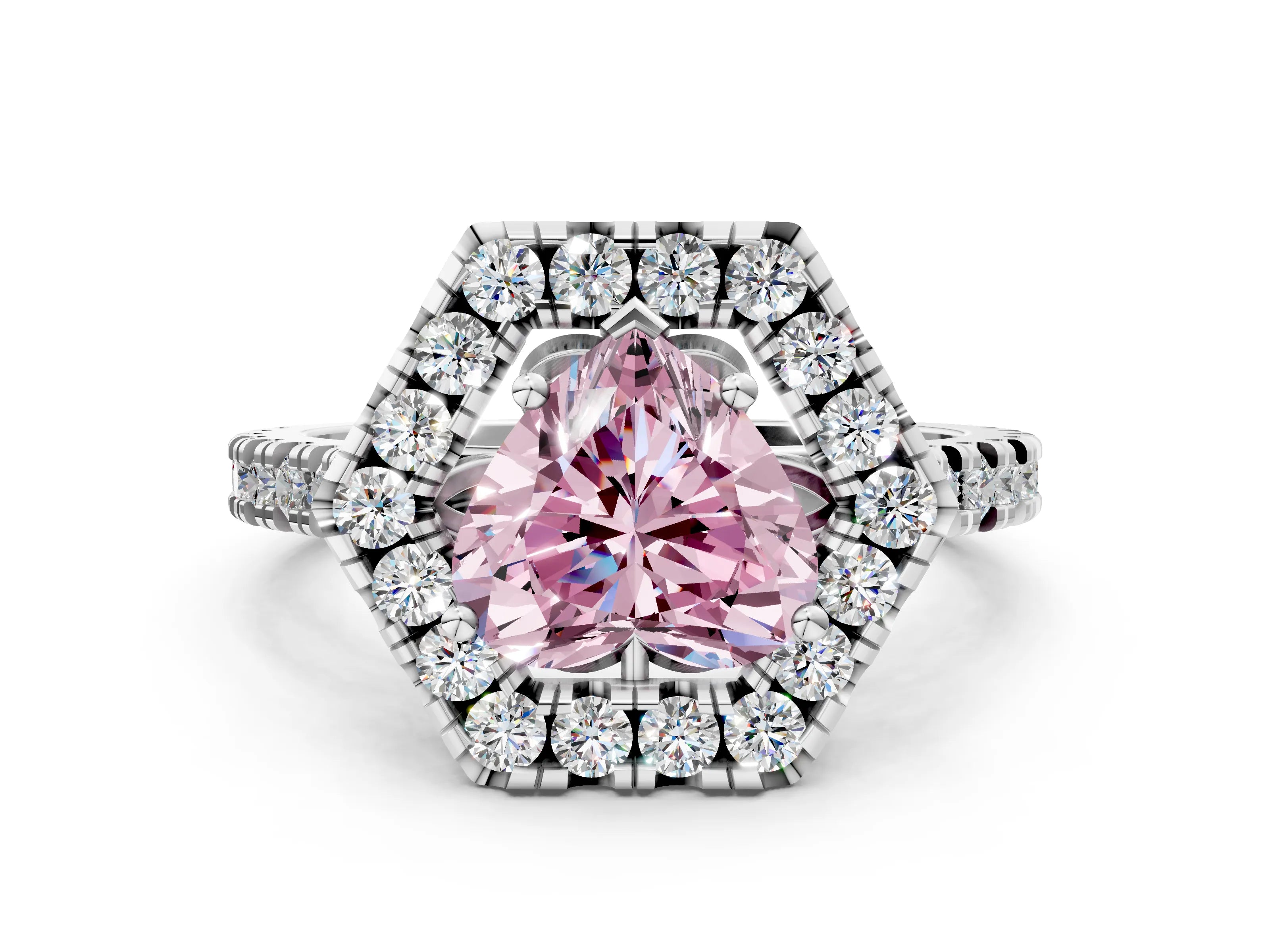 Platinum Hexagonal Halo Fancy Pink Heart Cut Diamond Pavé Band with Four-Prong Setting_12
