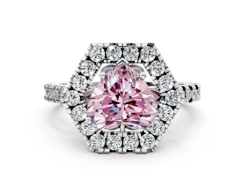 Platinum Hexagonal Halo Fancy Pink Heart Cut Diamond Pavé Band with Four-Prong Setting_12