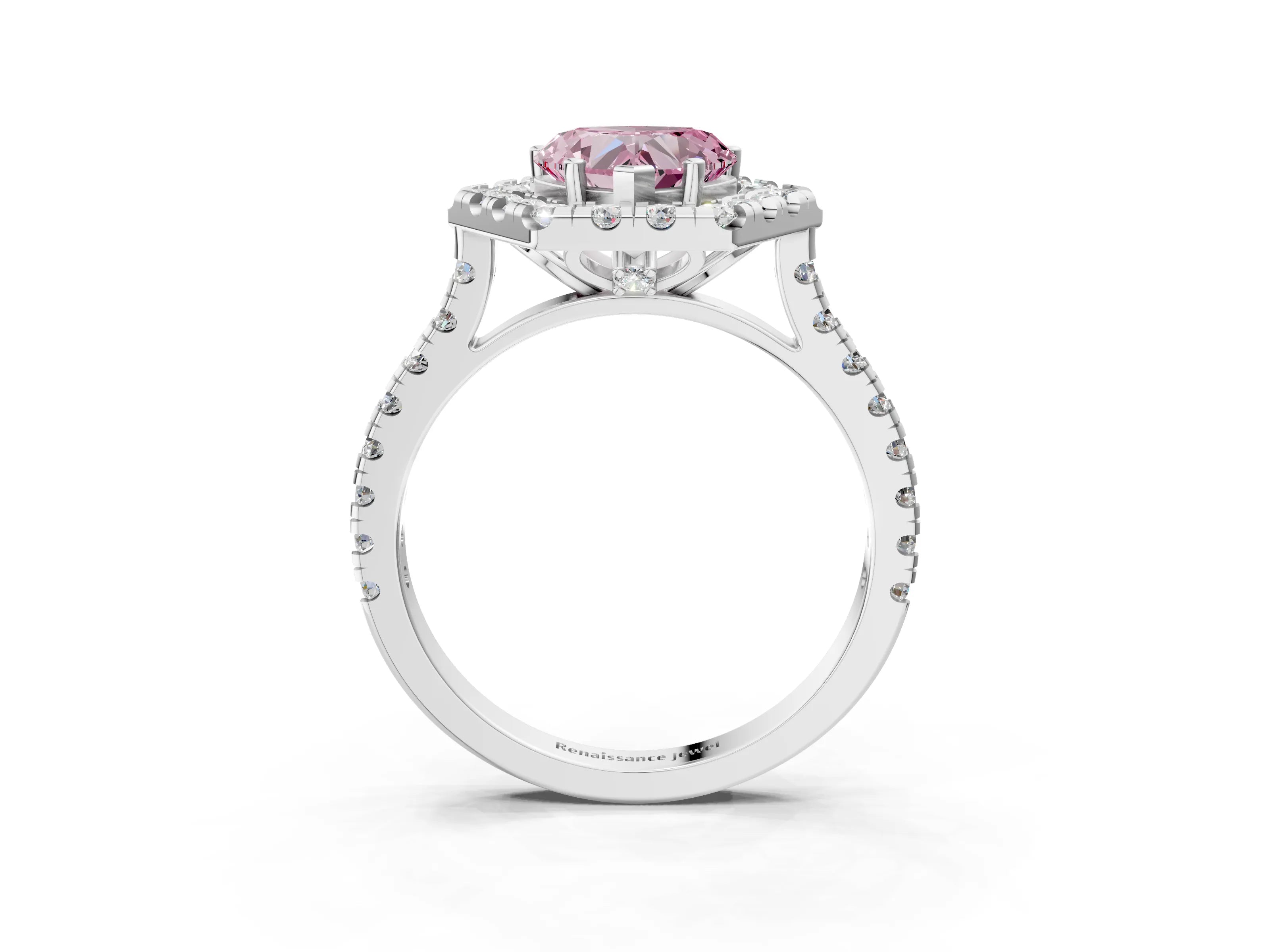 Platinum Hexagonal Halo Fancy Pink Heart Cut Diamond Pavé Band with Four-Prong Setting_15