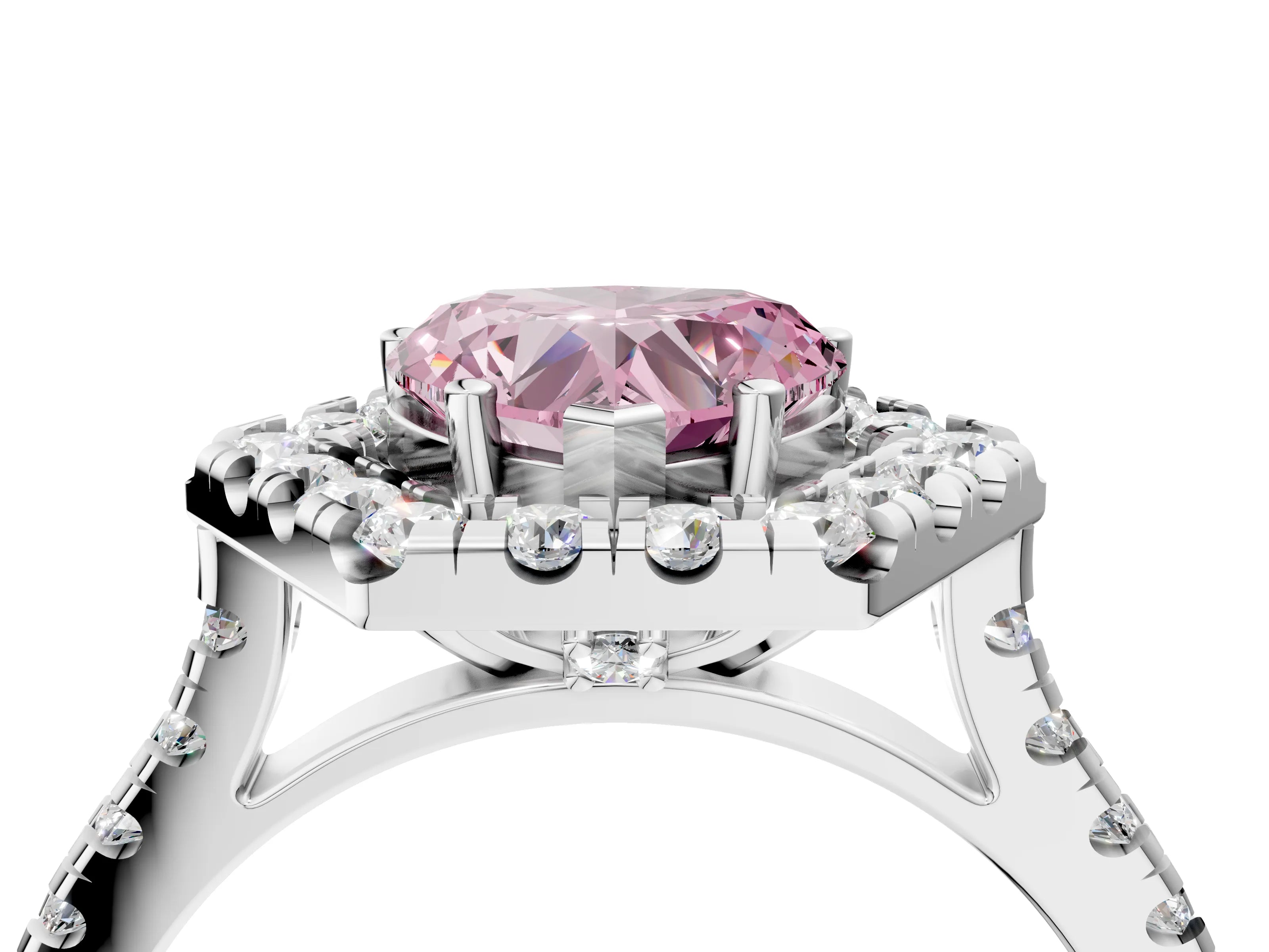 Platinum Hexagonal Halo Fancy Pink Heart Cut Diamond Pavé Band with Four-Prong Setting_16