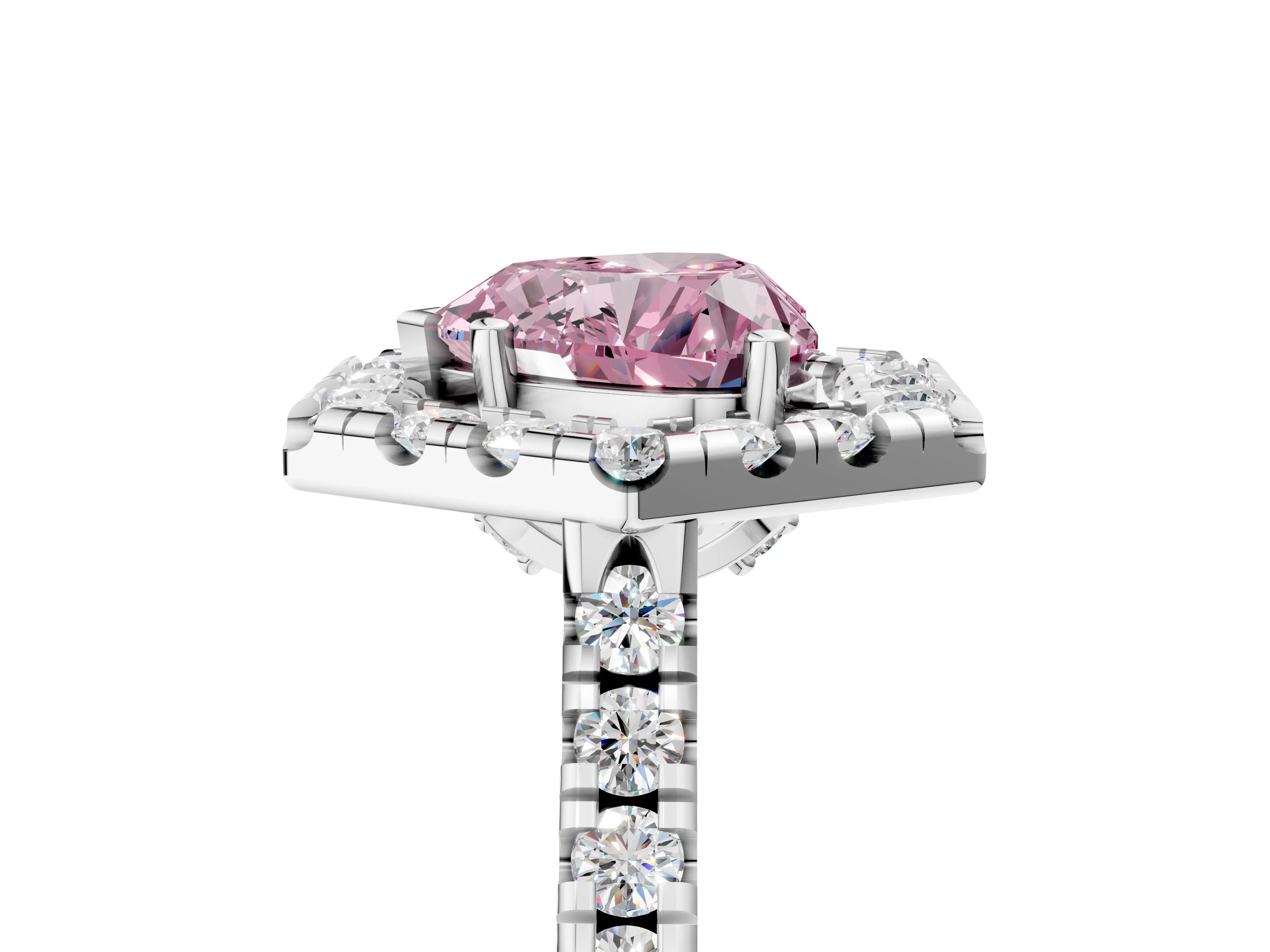 Platinum Hexagonal Halo Fancy Pink Heart Cut Diamond Pavé Band with Four-Prong Setting_17