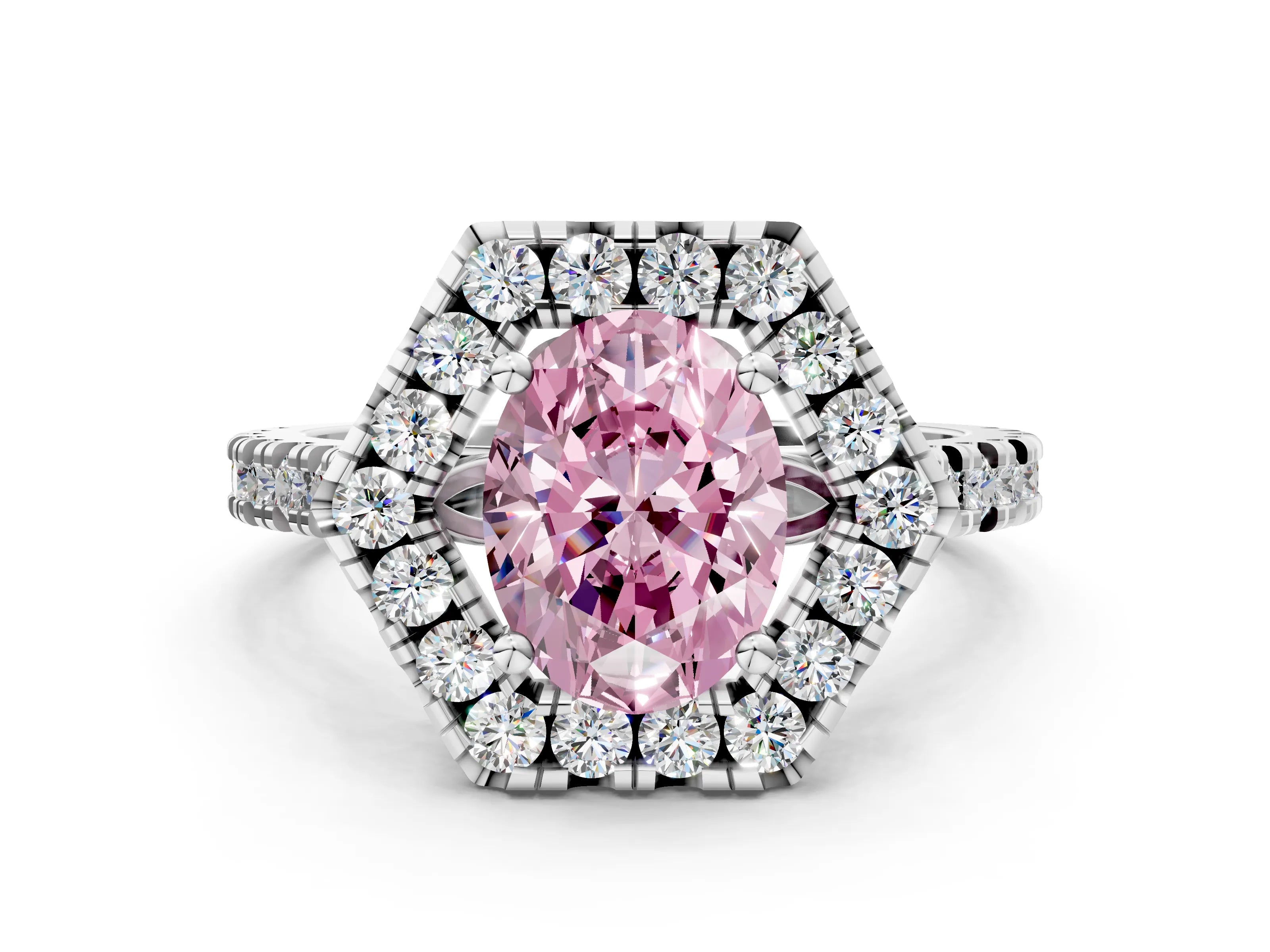 Platinum Hexagonal Halo Fancy Pink Oval Cut Diamond Pavé Band with Four-Prong Setting_12