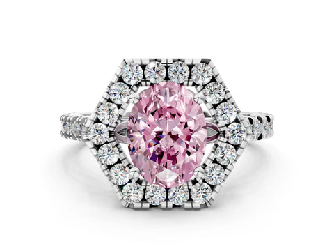 Platinum Hexagonal Halo Fancy Pink Oval Cut Diamond Pavé Band with Four-Prong Setting_12