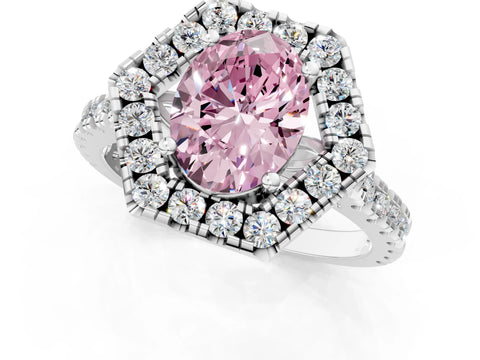 Platinum Hexagonal Halo Fancy Pink Oval Cut Diamond Pavé Band with Four-Prong Setting_13