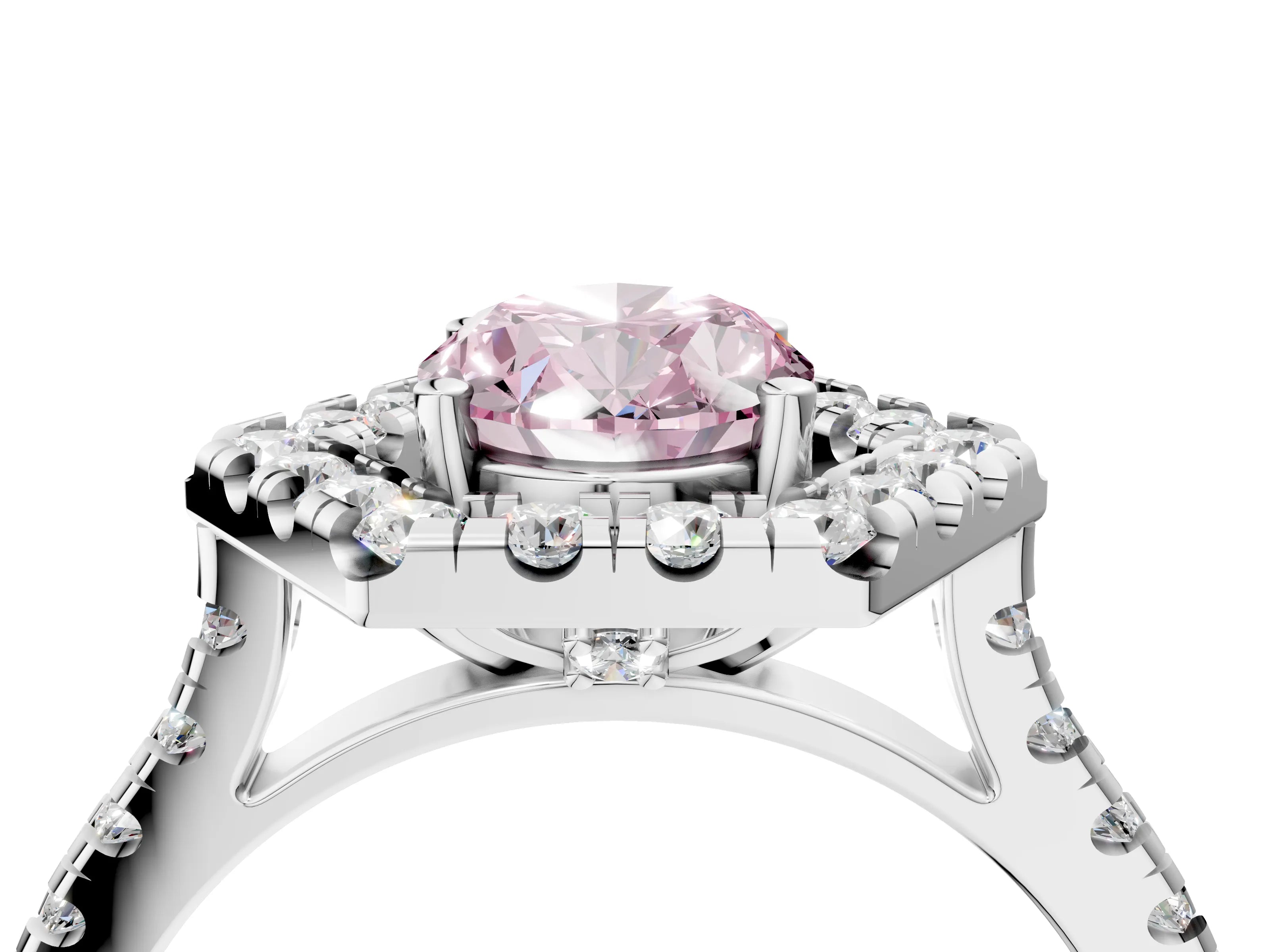 Platinum Hexagonal Halo Fancy Pink Oval Cut Diamond Pavé Band with Four-Prong Setting_16