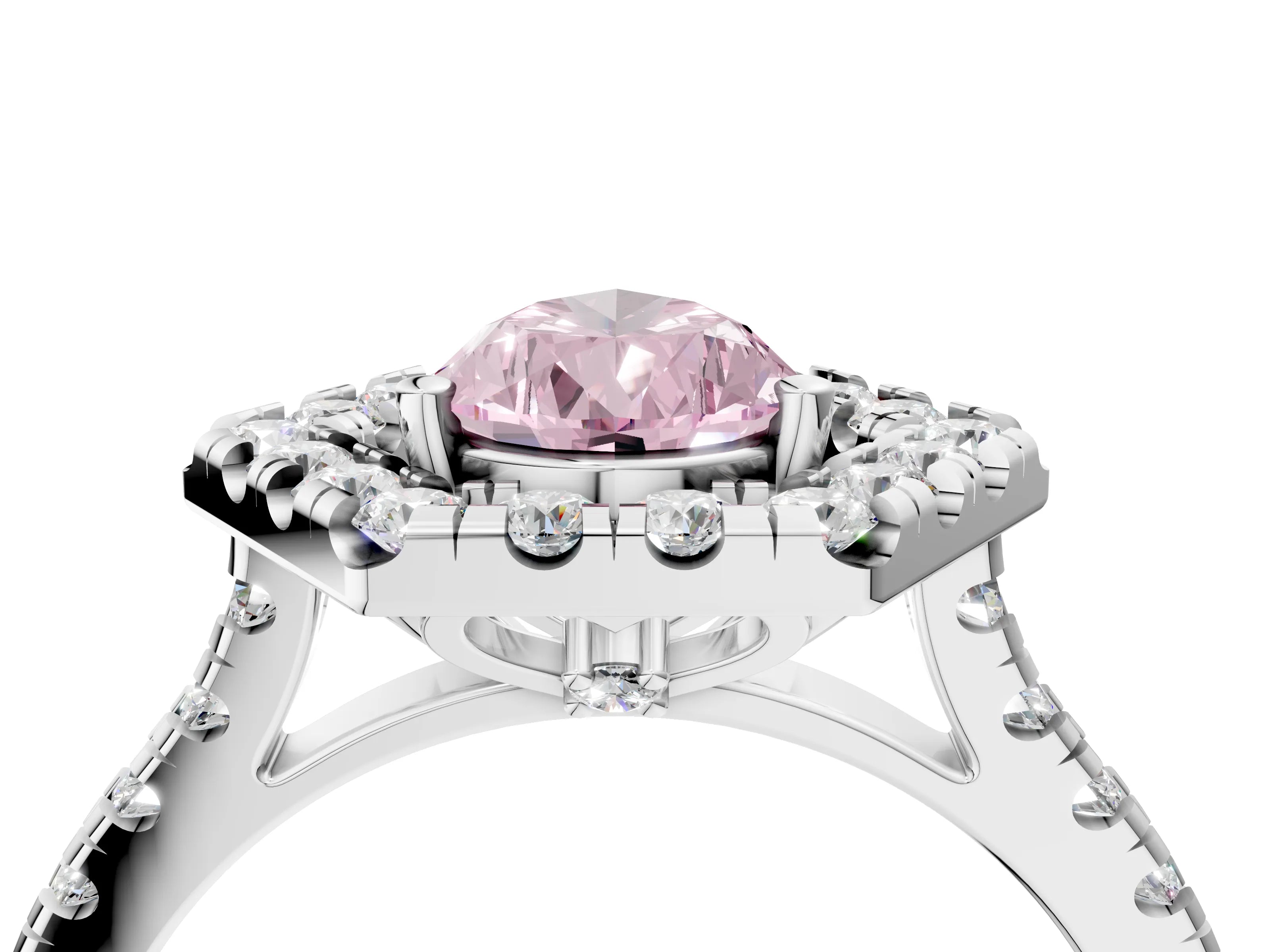 Platinum Hexagonal Halo Fancy Pink Pear Cut Diamond Pavé Band with Four-Prong Setting_10