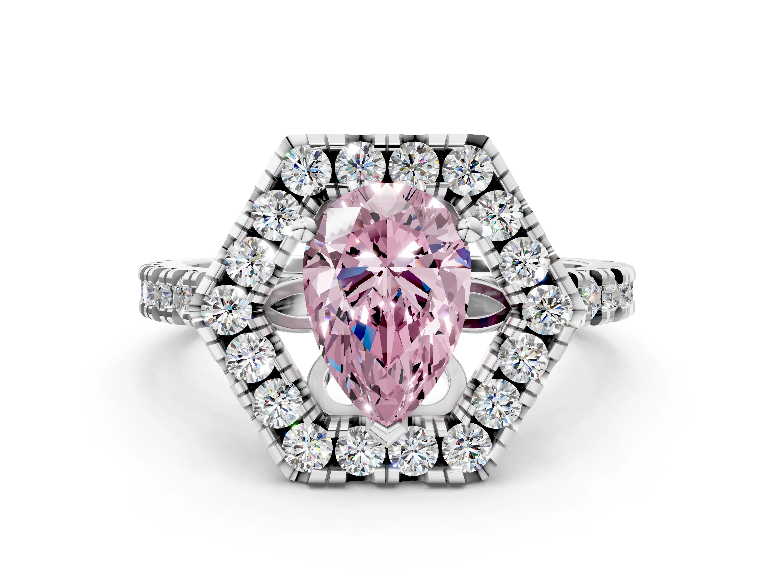 Platinum Hexagonal Halo Fancy Pink Pear Cut Diamond Pavé Band with Four-Prong Setting_6