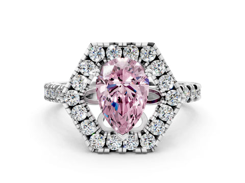 Platinum Hexagonal Halo Fancy Pink Pear Cut Diamond Pavé Band with Four-Prong Setting_6