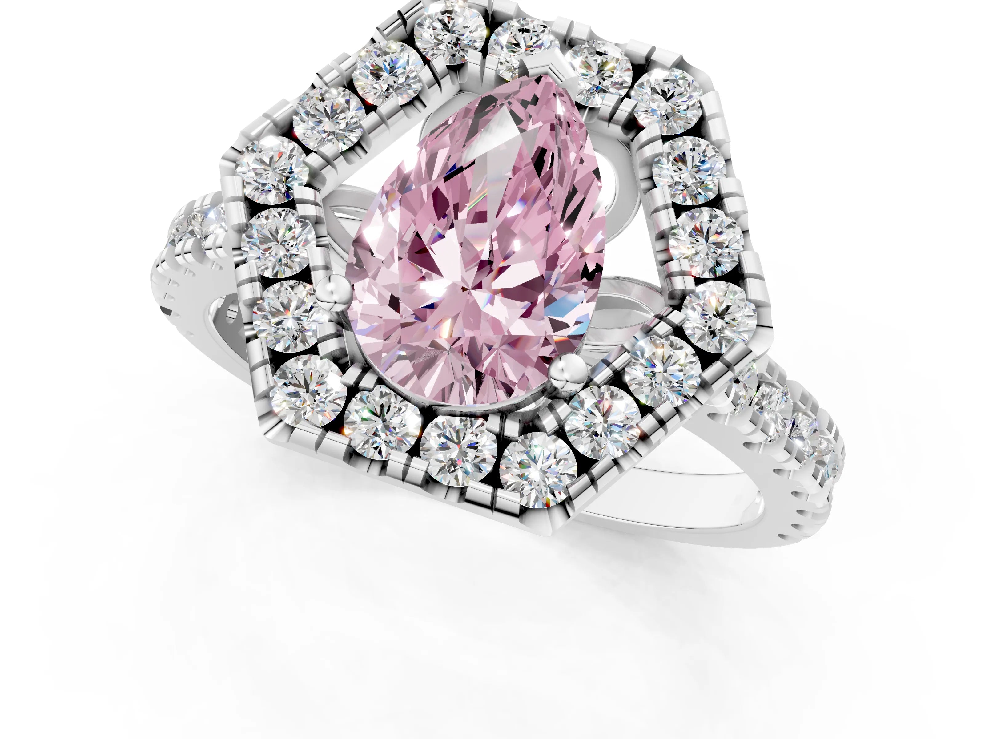 Platinum Hexagonal Halo Fancy Pink Pear Cut Diamond Pavé Band with Four-Prong Setting_7
