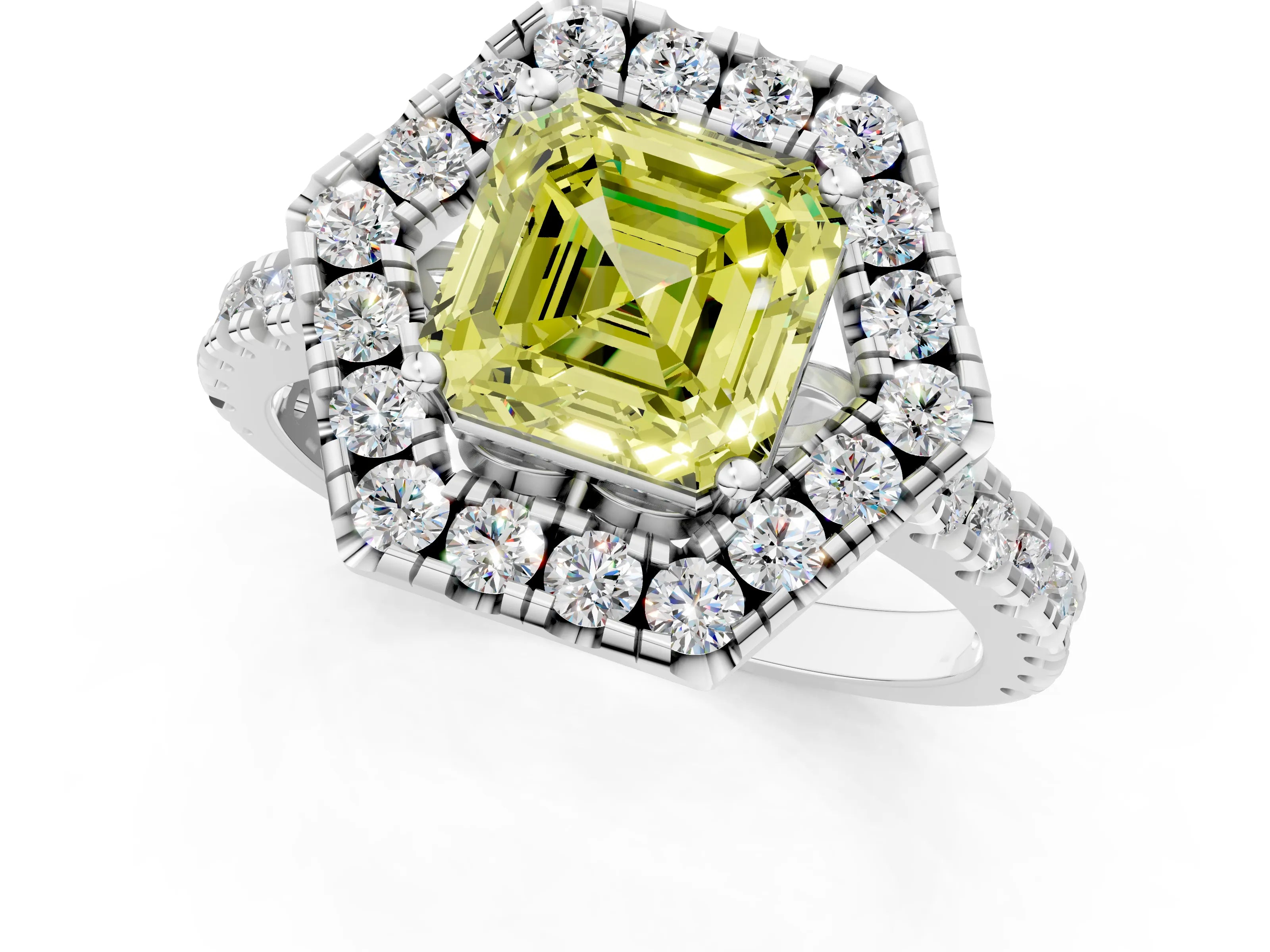 Platinum Hexagonal Halo Fancy Yellow Asscher Cut Diamond Pavé Band with Four-Prong Setting_13