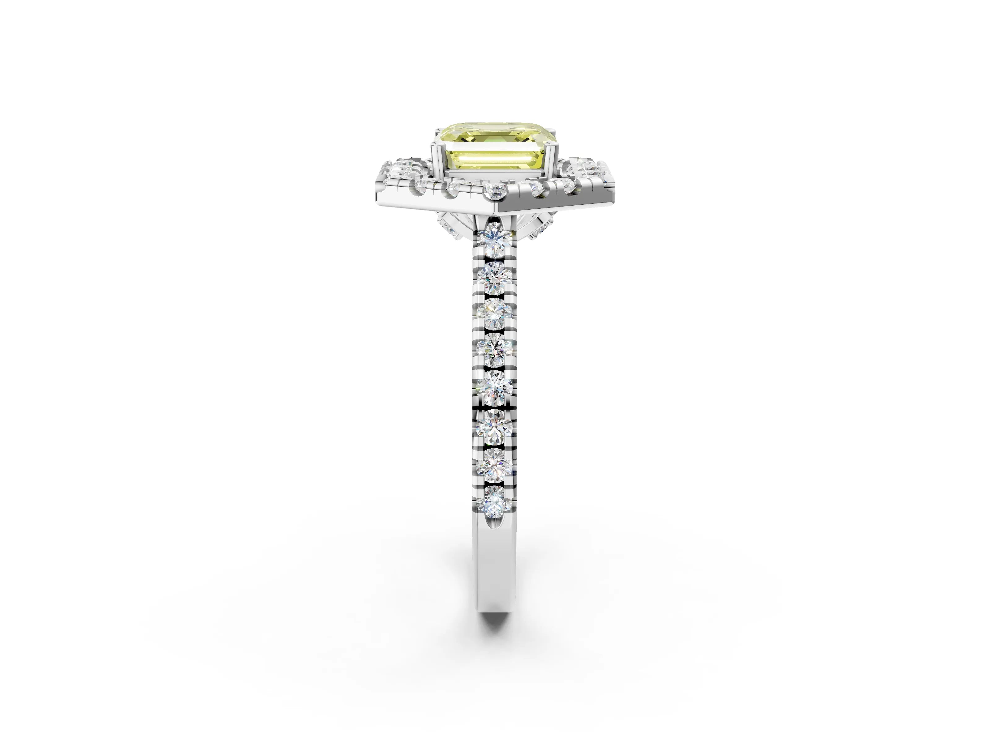 Platinum Hexagonal Halo Fancy Yellow Asscher Cut Diamond Pavé Band with Four-Prong Setting_14