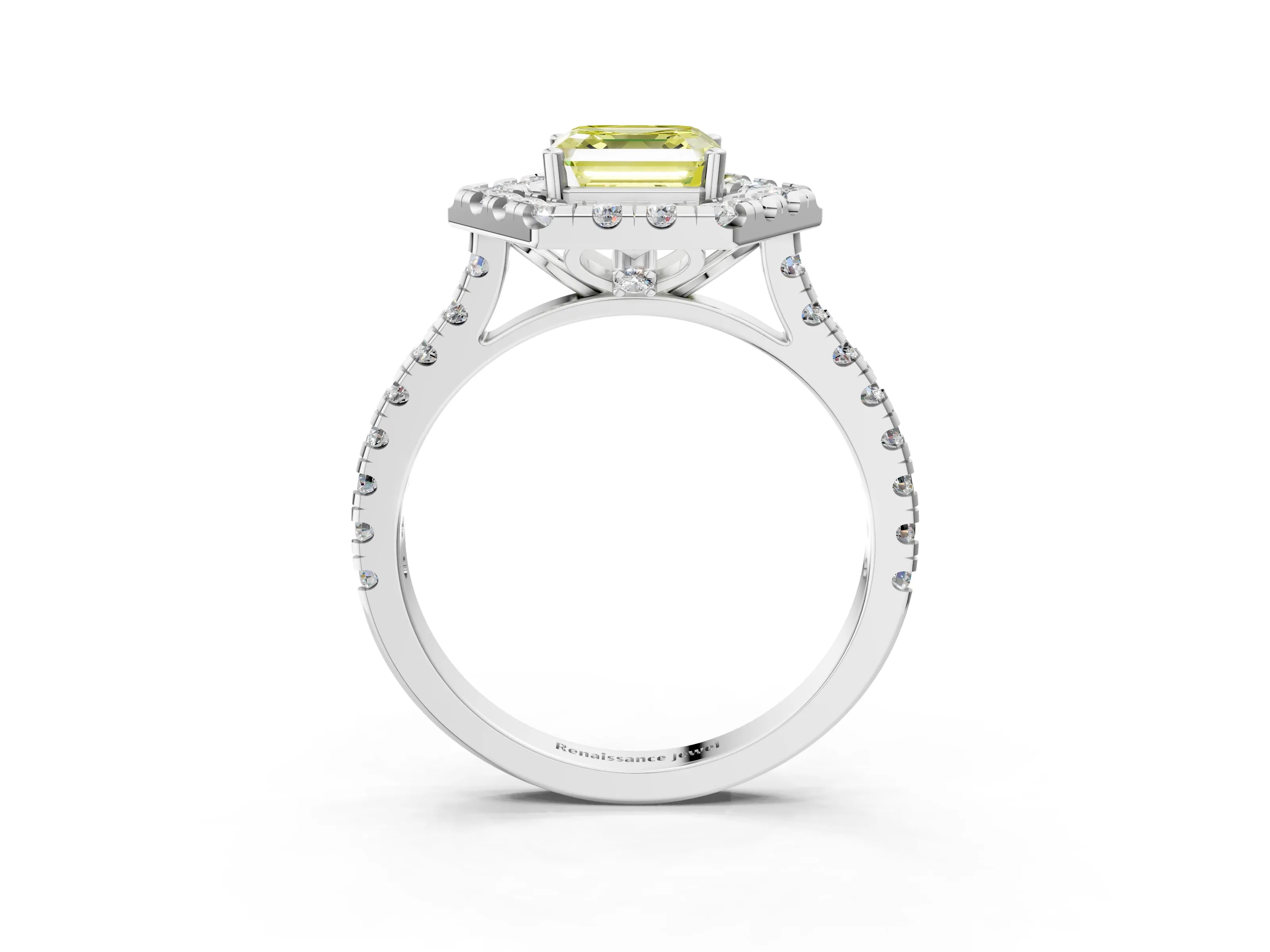 Platinum Hexagonal Halo Fancy Yellow Asscher Cut Diamond Pavé Band with Four-Prong Setting_15