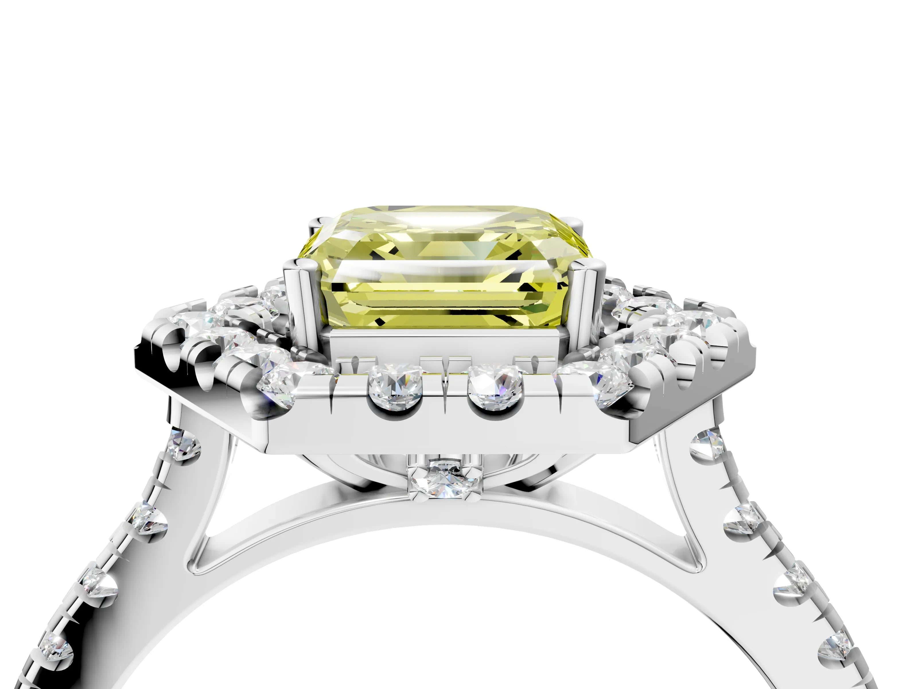 Platinum Hexagonal Halo Fancy Yellow Asscher Cut Diamond Pavé Band with Four-Prong Setting_16